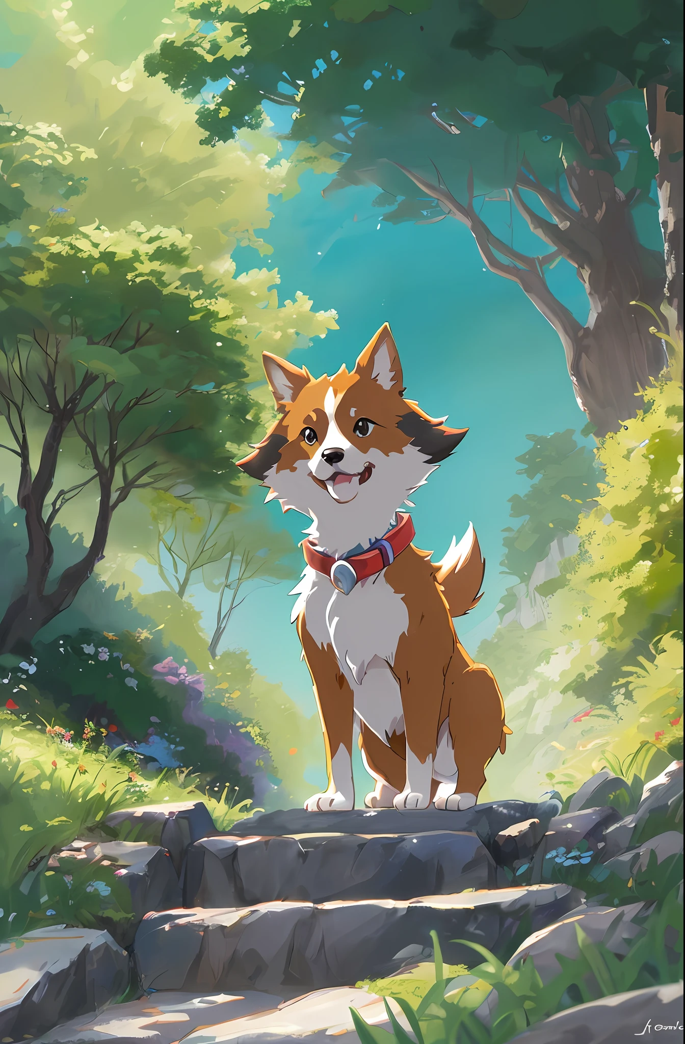 ((Al estilo de Ken Sugimori)), colores vibrantes, dynamic composition, Texturas detalladas, en un entorno forestal exuberante, Pokémon in dog physical form, High illumination, Impresionantes efectos visuales, Intricate character designs ((simetrico)) ((pintado por studio Ghibli)) ((obra de arte)) ((Adorable))