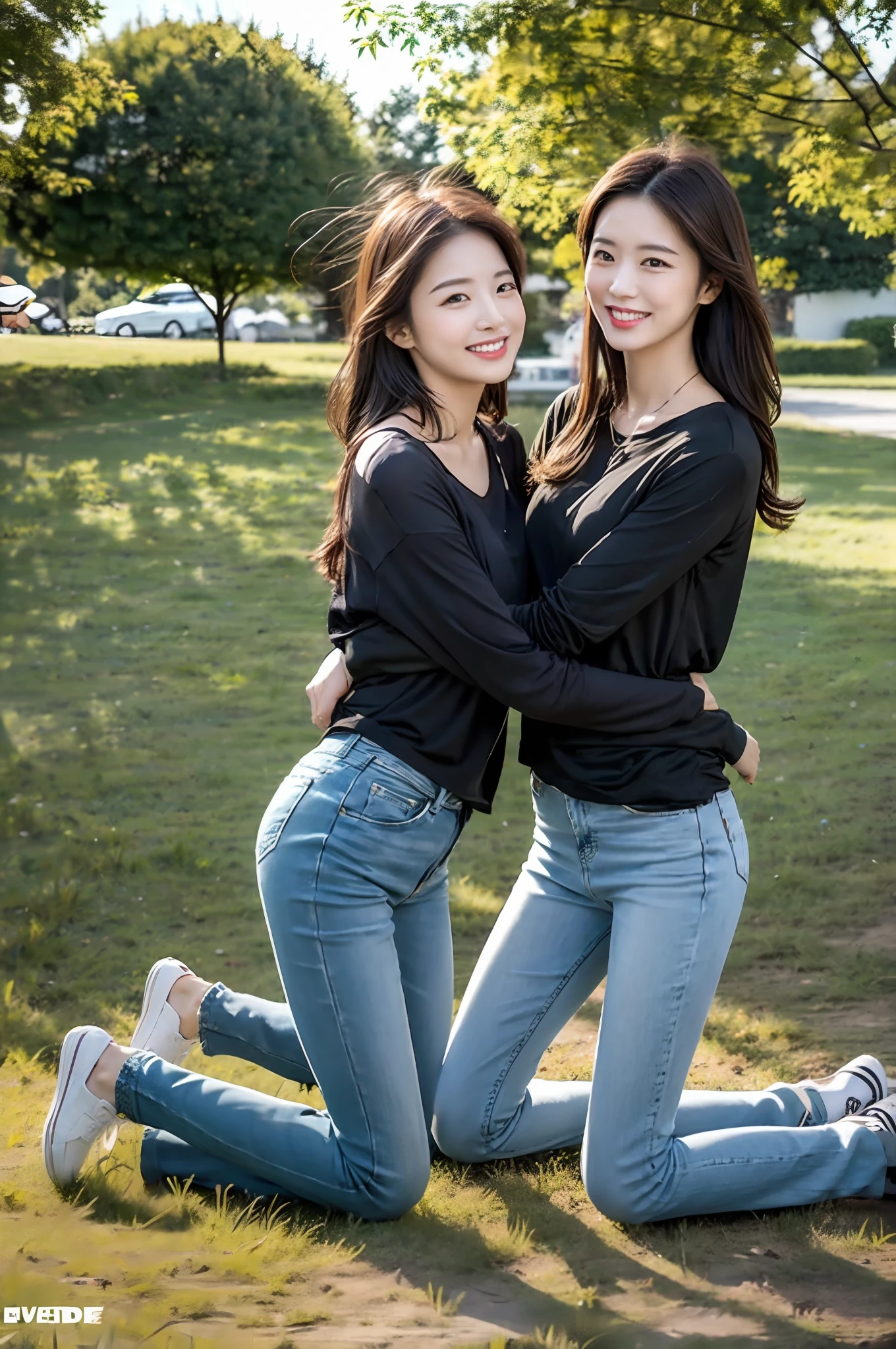 （RAW photogr，超高分辨率，tmasterpiece，best qualtiy：1.4），Complicated details，2 20 year old Korean girl，Wear a loose black T-shirt and skinny jeans，Stand on the grass and take pictures，hugs，Intimate relationships，Detailed meadow，A sweet smile on a small face，The face and skin are pink and fair，Ultra-realistic facial details，Playful and coquettish pose，The calves are straight and slender:1.5，Wear high-end branded colorful travel shoes:1.5，eventide，warm color，Broad lighting，naturalshadow，taking a full body photo:1.8