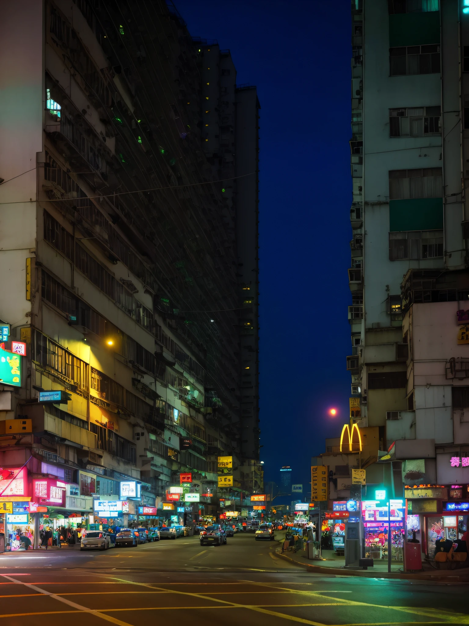 Night view of the city streets with many buildings and neon signs, a still of kowloon, street city night, street of hong kong, street of hong kong, in city street at night, lunar busy street, long exposure outside the city, Kowloon, kowloon cyberpunk, night life buildings, City, Neon sign in the distance