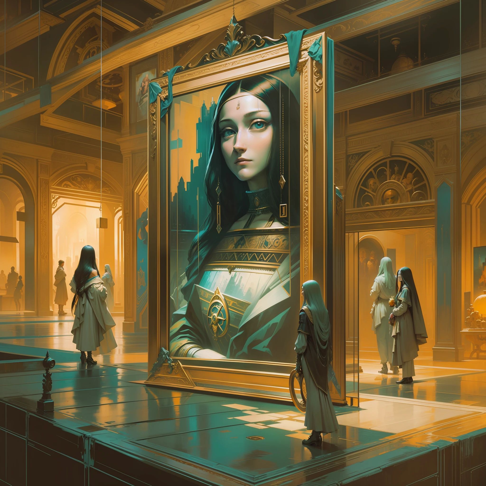 quadro Monalisa [Leonardo Da Vinci], inside the frame behind Monalisa is a background of Souls Like scenery, Monalisa is in cyberpunk style [Syd Mead 0.5],