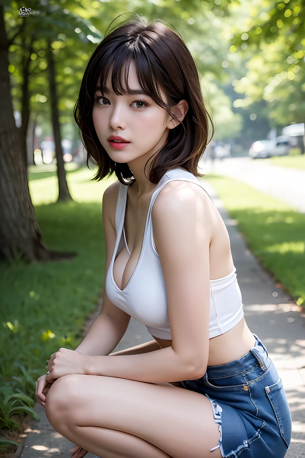 NSFW, 8K Raw photograph, best qualtiy, tmasterpiece, 超高分辨率, filmgrain, cinematic ligh, 1girll, Natural skin texture, Realistic Eyes and Face Details, full pouty lips, lipsticks, (putting makeup on), Red eyeshadow, Short fluffy hair, messy hair, ssmile, Keep one's mouth shut, beautifullegs, Tall women, Slim_Legs, 独奏, crisp breasts,Blue denim miniskirt, deep v big breasts, Beautiful natural location, rivulets, (detailedbackground), white shirt, vague background, Black collar,brown hair, bangle, Eau, By bangs, parted lip,Teethless, From the side Side, depth of fields,Tightening of the abdomen,kneels on the ground,Turn Back,Face the audience