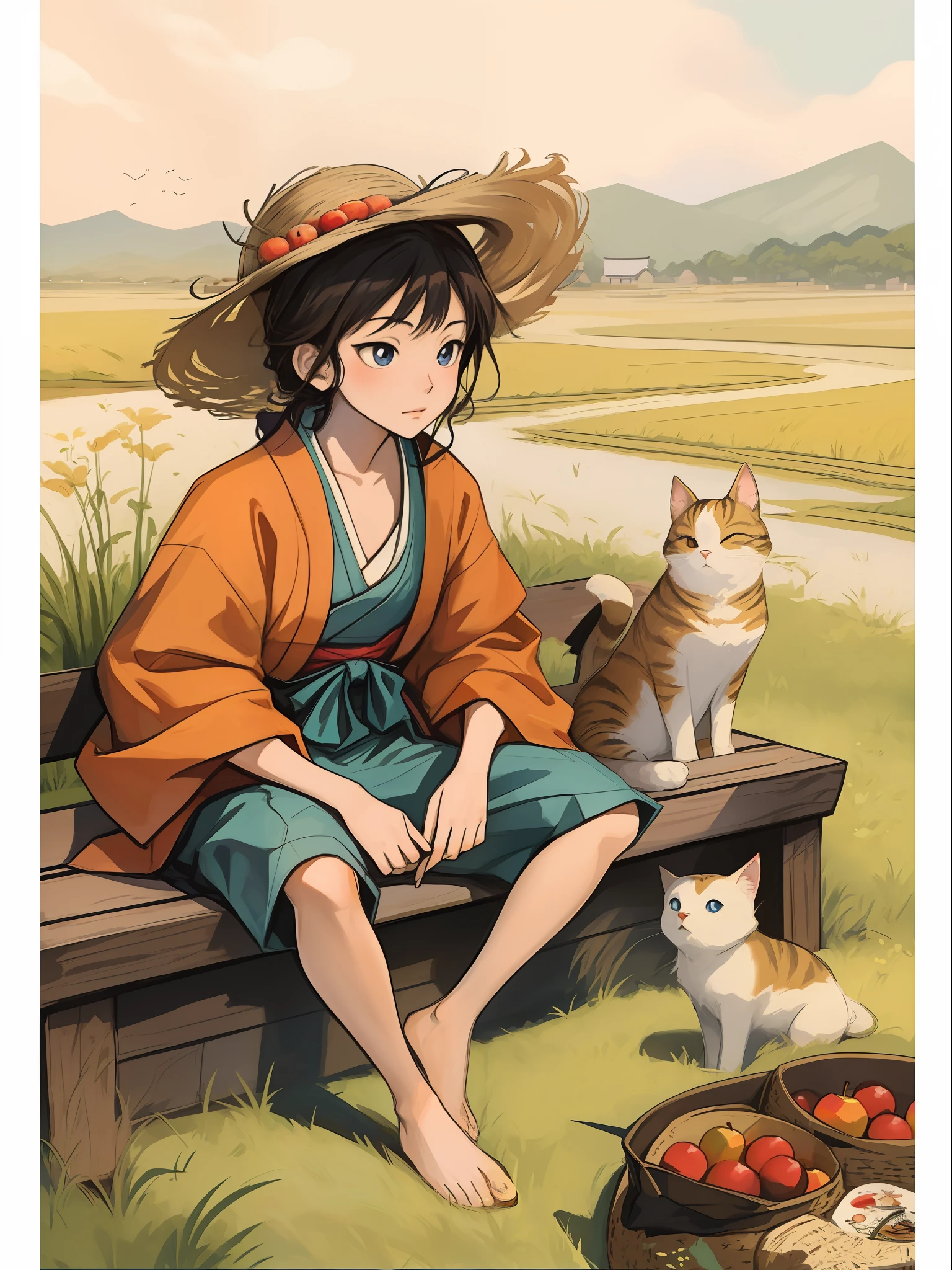 Anime girl sitting on bench,There are two cats and a basket of apples, Anime style illustration, Japanese art style, In anime style, beautiful anime art style, in the art style of ukiyo - e, In a Japanese anime style, anime illustration, Anime Pictures, Anime Paintings, anime art style, Anime art style, Guviz-style artwork