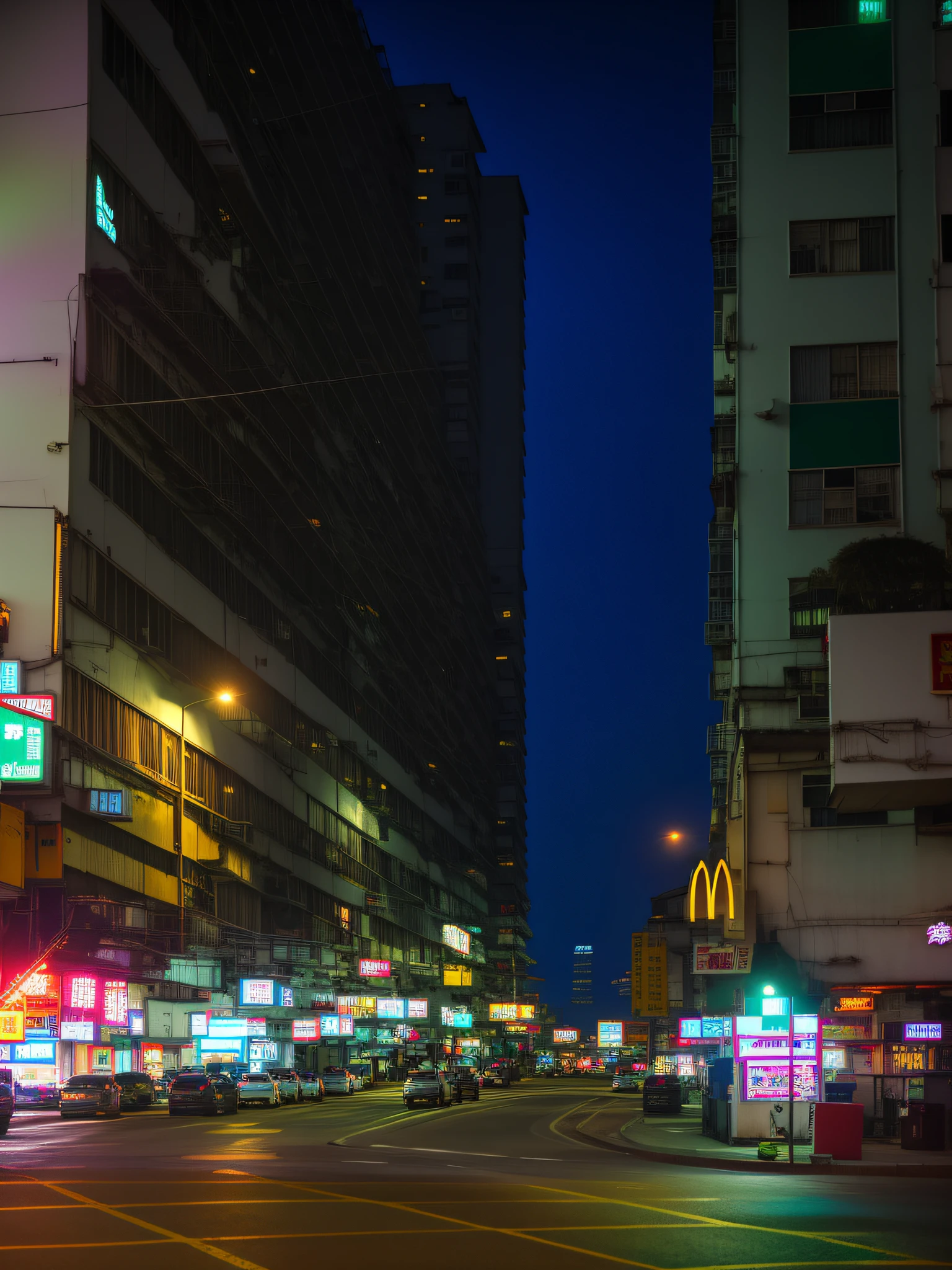 8k, RAW, Best-quality, Night view of a busy street, McDonald's Restaurant, a still of Kowloon, street of hong kong, Kowloon, cyberpunk style, Synth waves, vapor waves, neon-light, futuristic, street of hong kong, view from the streets, high-res, Cinematic Perspectives, masterpieces, sense of lonely and depressing, surrealism。