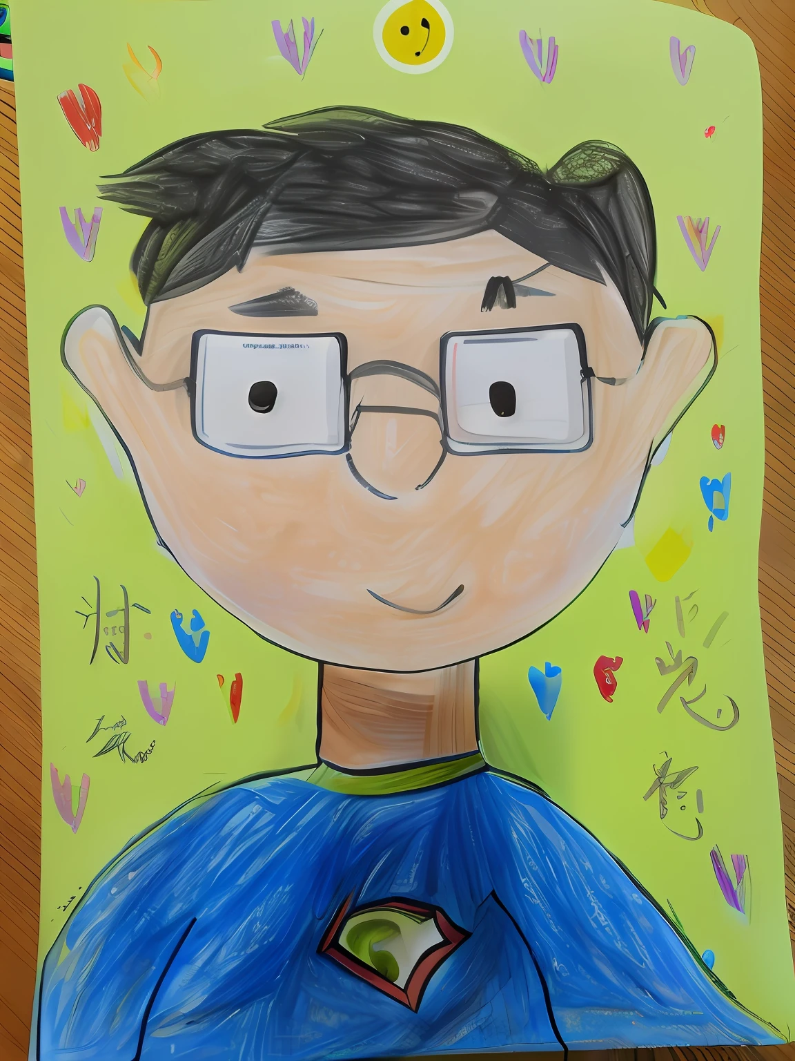Drawing of a boy with glasses and a Superman shirt, inspired by Ding Yunpeng, Inspired by Ding Guanpeng, inspired by Chen Daofu, inspired by Li Cheng, cartoon portrait of, inspired by Tooth Wu, inspired by Huang Gongwang, inspired by Li Tiefu, inspired by Zhang Zongcang, inspired by Li Shixing