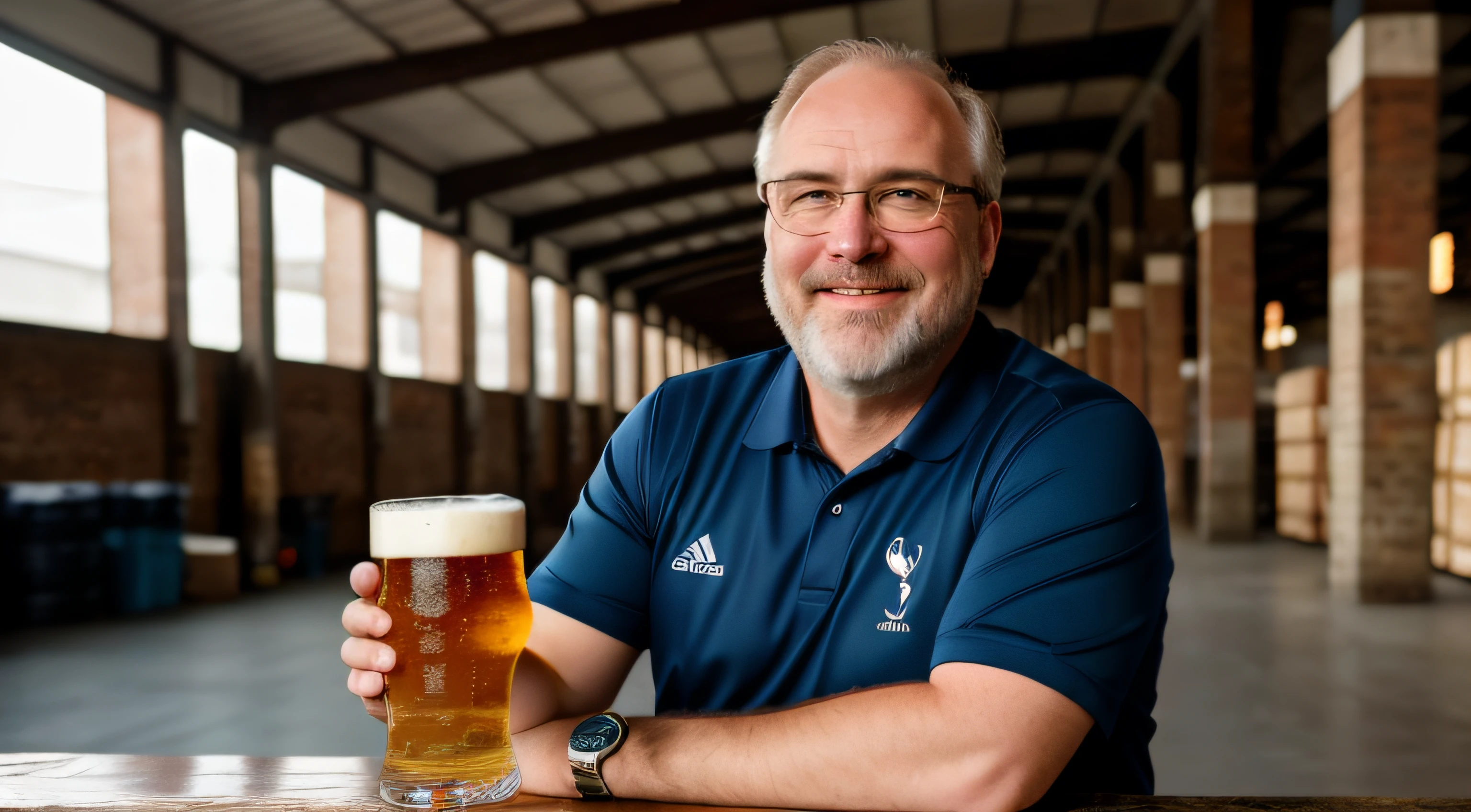 "High-quality RAW photo: Portrait of a friendly 55-year-old Caucasian average looking, chubby, Englishman, balding, bearded, not handsome man, wearing a Tottenham Hotspur shirt and glasses. Relaxed. Show upper body. Smiling broadly drinking a pint of beer. He is standing in an empty warehouse, showcasing his natural skin pale tones. Natural lighting. Shot in 8K UHD resolution with film grain aesthetics." resembling Fujifilm XT3."