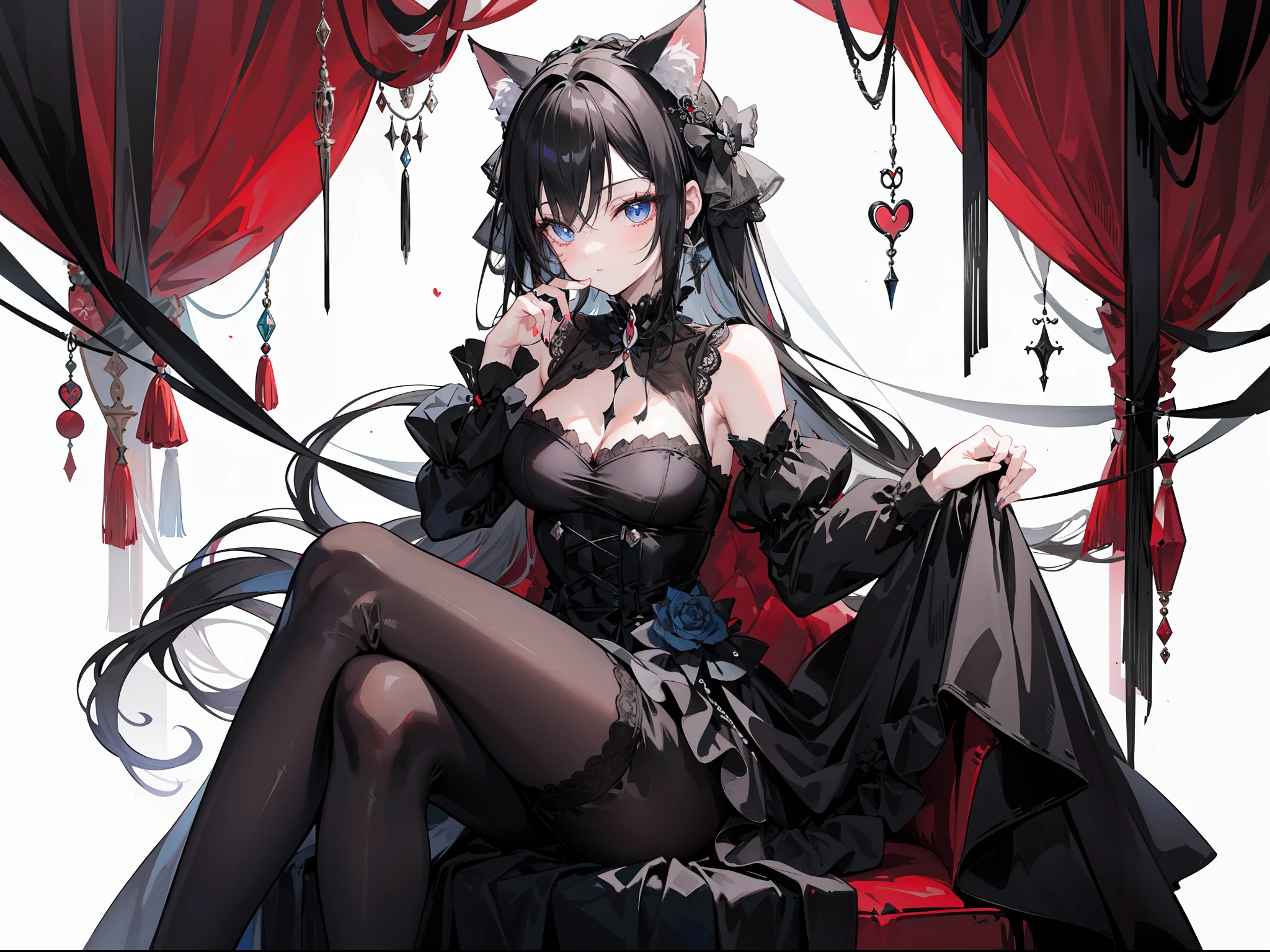 "A gothic lady with long elegantly tied up black hair, wearing black gothic dress inspired by a doll maker. She has eyes cat and cosplaying as a cat with cat ears"