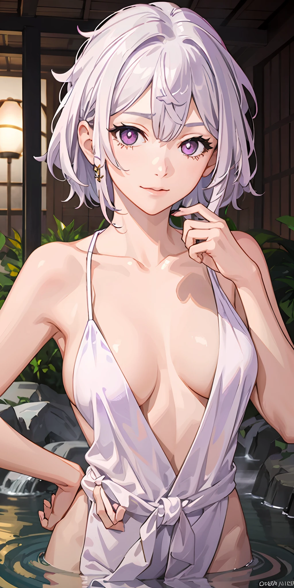1girl, white hair, purple eyes, portrait, realistic, towel, (onsen), sidelighting, wallpaper, nsfw,