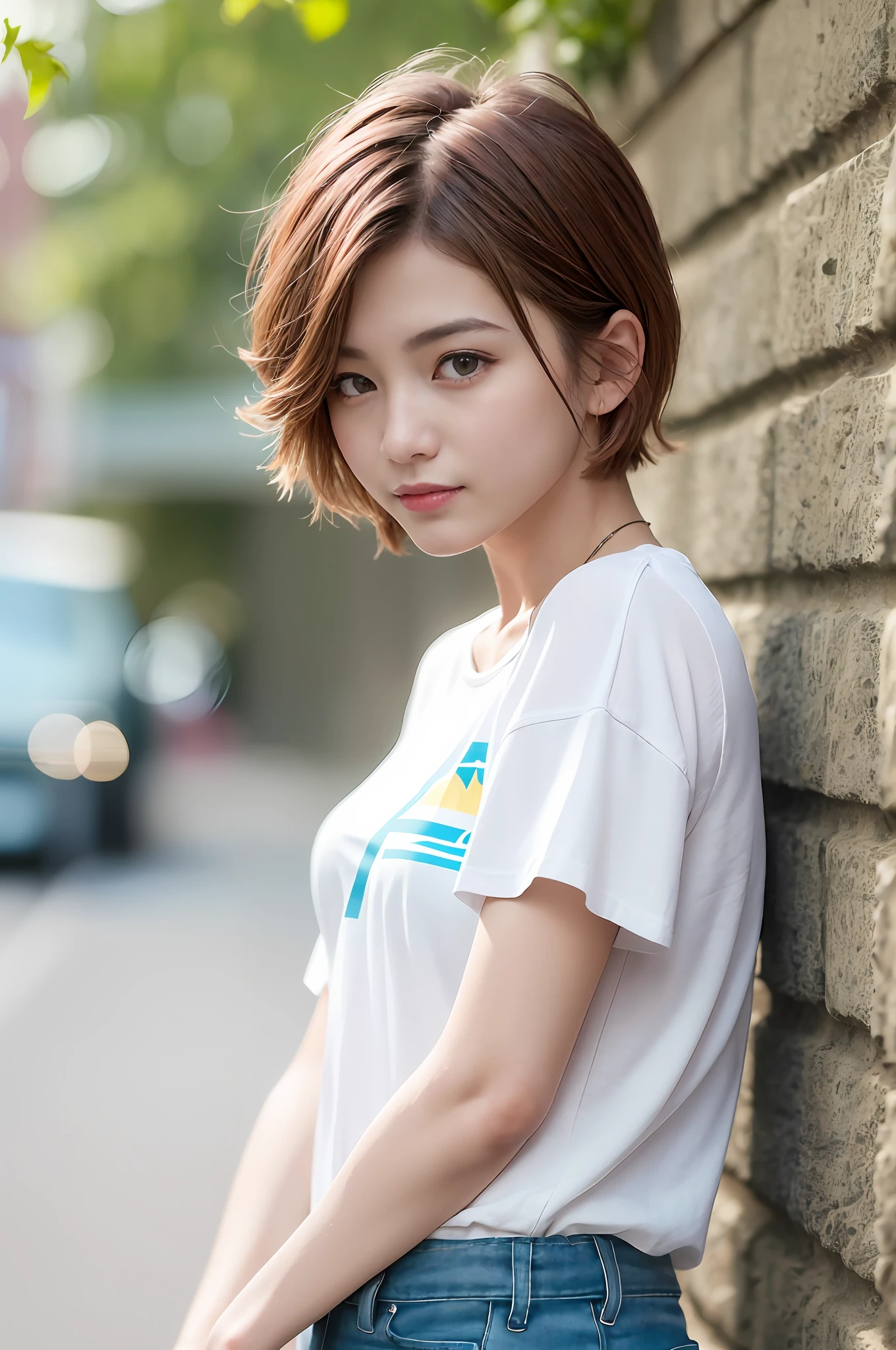 (8K、top-quality、masterpiece:1.2)、(realisitic、Photorealsitic:1.37)、ultra-detailliert、One girl、cute little、Soio、Beautiful detailed sky、red blush、(A smile:1.15)、(Mouth closed)、small tits、finely eye、fine nose、(short-hair:1.5)、Floating Hair NovaFrogStyle、silber hair、Unkempt hair、Narrowed eyes、tthin eyebrows、Mature Face、Full Shot Body、white t-shirts、Denim skinny pants、espadrilles、Midsummer Sun、Under the scorching sun、Hot scenery