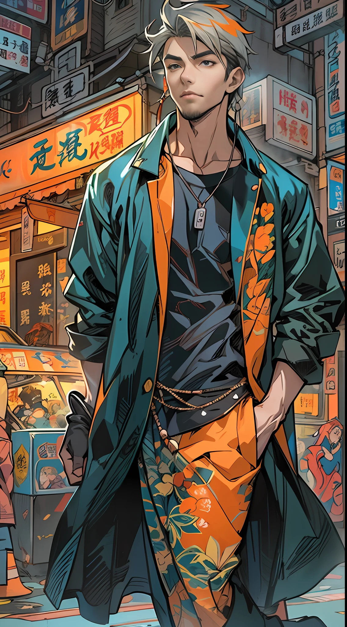 chinese manga artist yi jing is dressed in all black, in the style of street scenes with vibrant colors, 2d game art, neal adams, light orange and dark blue, handsome, smooth surface, colored cartoon style , 32k, best quality, masterpiece, super detail, high details