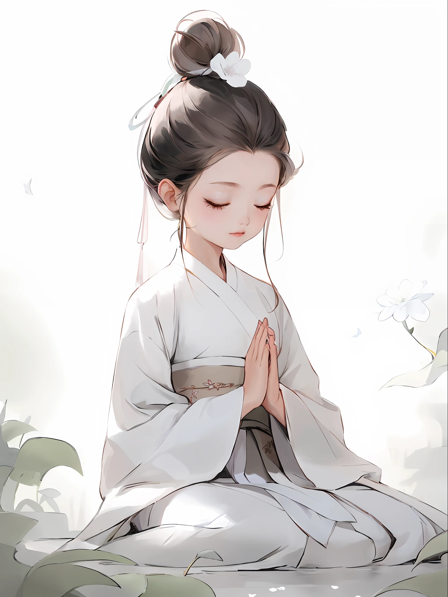 Anime girl sitting on the ground full of flowers in a white kimono, Palace ， A girl in Hanfu, Guviz-style artwork, Guviz, White Hanfu, dressed in simple robes, guweiz masterpiece, serene illustration, Beautiful character painting, flowing white robe, flowing hair and long robes, author：Li Fangying