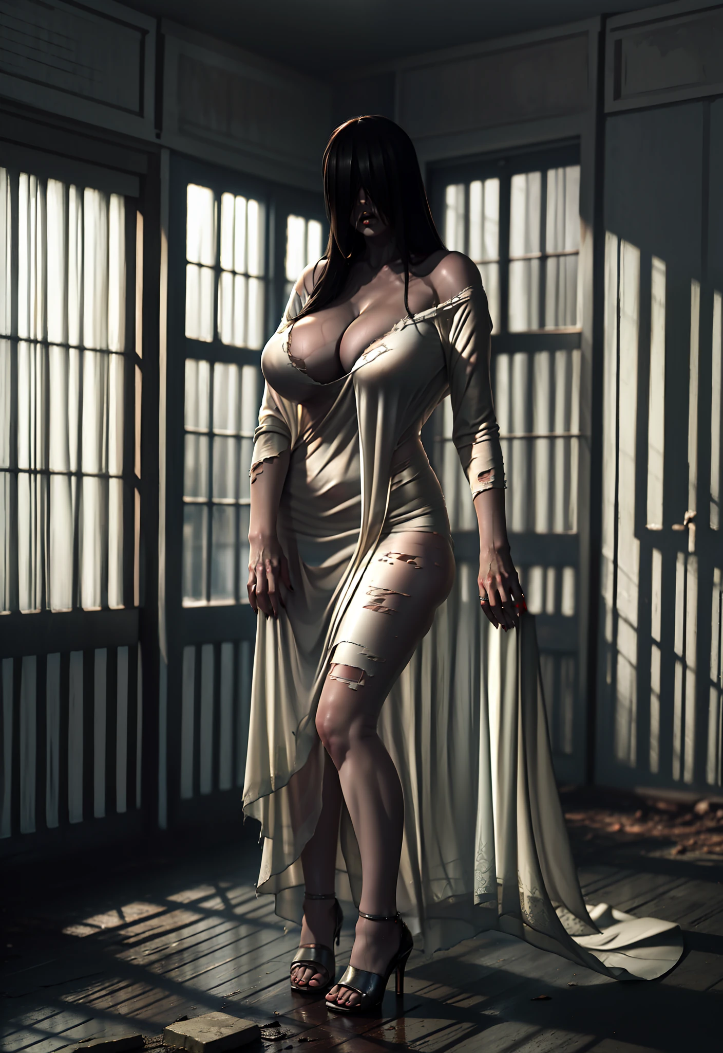 Realistic Japanese Horror movie taste picture, ((masterpiece)), (best quality), (absurdness quality), high resolution, 32k, (photorealistic:1.4), black hair, hyper realistic photo of Yamamura_Sadako, (((torn, sexy white dress))), ((grey skin)), long hair over eyes, eyes covered, hidden face by long hair, spooky, messy abandoned house, dark atmosphere, ultra huge cleavages, full body shot, entire room view, spilled out huge breasts,