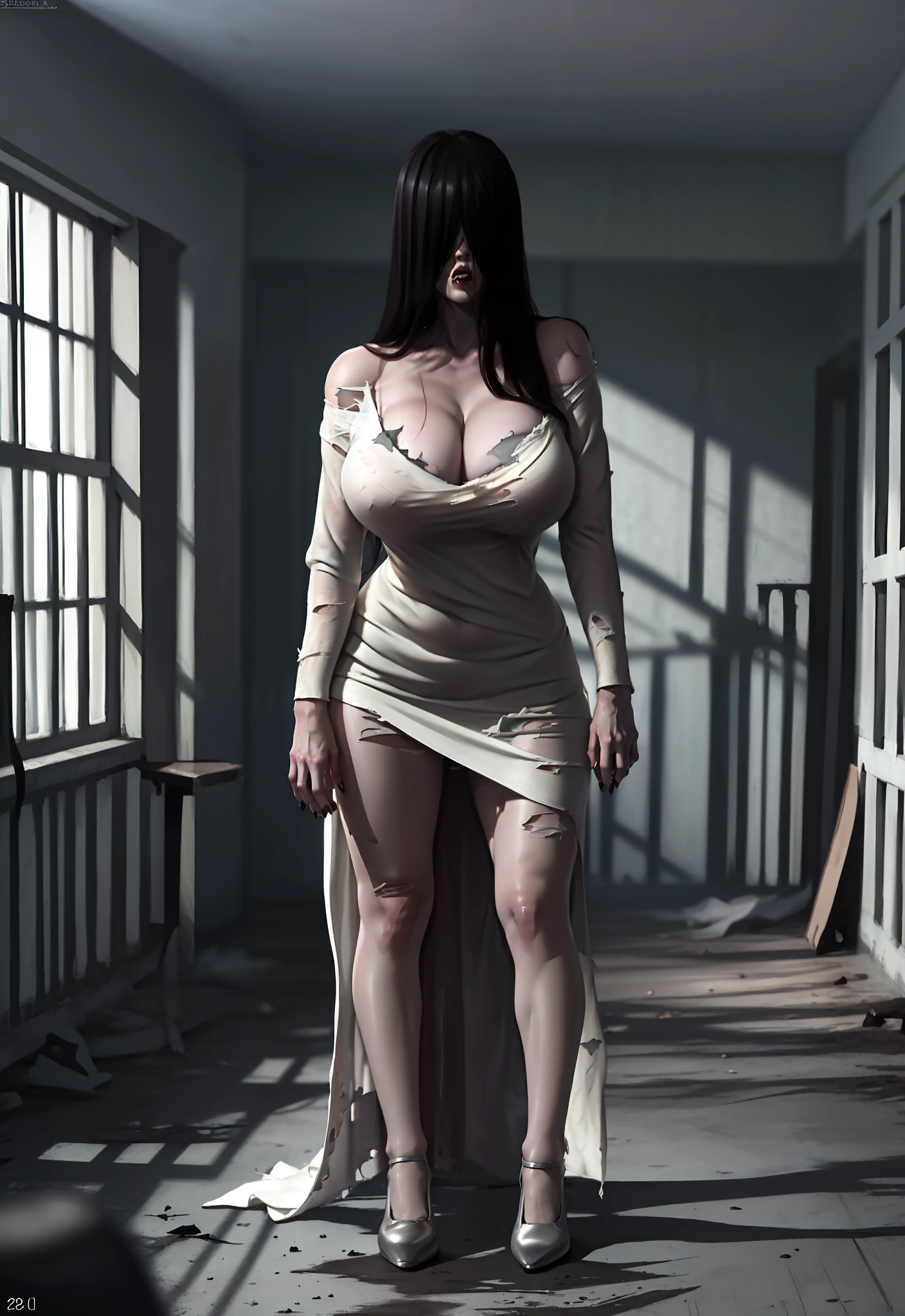 Realistic Japanese Horror movie taste picture, ((masterpiece)), (best quality), (absurdness quality), high resolution, 32k, (photorealistic:1.4), black hair, hyper realistic photo of Yamamura_Sadako, (((torn, sexy white dress))), ((grey skin)), long hair over eyes, eyes covered, hidden face by long hair, spooky, messy abandoned house, dark atmosphere, ultra huge cleavages, full body shot, entire room view, spilled out huge breasts,