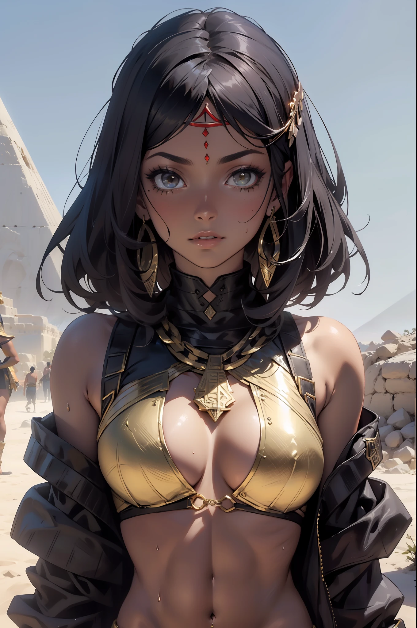 ((oaka_studio)), Bela mulher negra encorpada, 30 anos, Egyptian woman, Egyptian adornments, corpo musculoso e perfeito, ((costas)), head covered with an Egyptian headdress, Dark skin shiny with oil and sweat, guerreira Esfinge com pouca roupa, Tiny old-bodied thong, metallic snake-shaped bra covering only a small part of the large breasts, Egyptian tattoo, arms covered by Egyptian adornments, seios grandes cobertos por faixas de tecido, decote generoso, holding a blood-stained spear, rosto corajoso, reino escuro, pose sexy, andando em um deserto, pyramids in the background