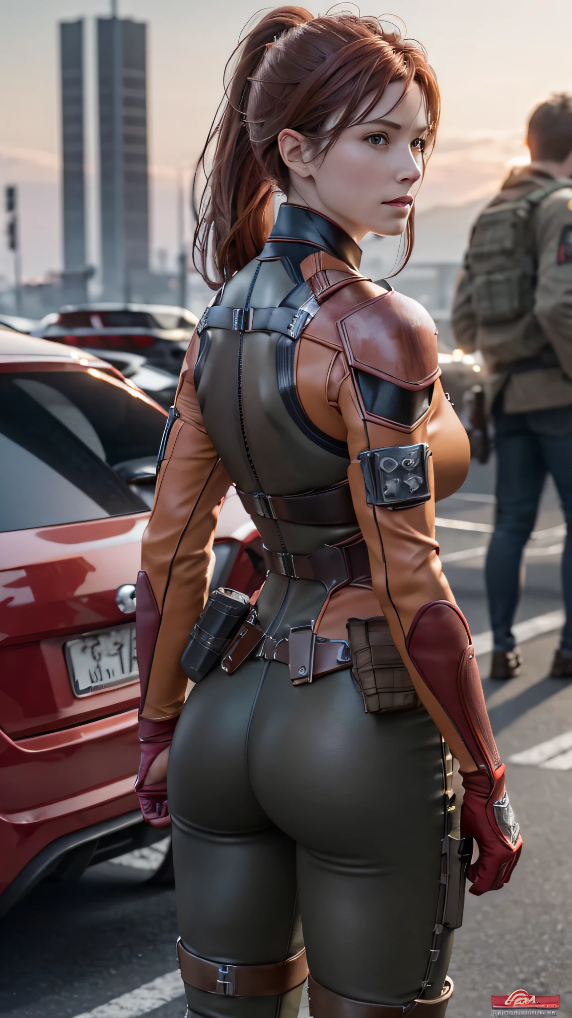 Joescarlett, RAW photo, (Best quality:1.3), high resolution, (Masterpiece), (Photorealistic:1.4), Professional photography, Sharp focus, hdr, 8K resolution, intricately details, exquisite detailing, Depth of field, Extremely detailed Cg Unity 8K wallpaper, full body, orange body suit with brown pants, Brown tactical belt，With holster, redheadwear，Tied ponytail, big red star logo on left shoulder plate, red right shoulder plate，Back picture，full bodyesbian