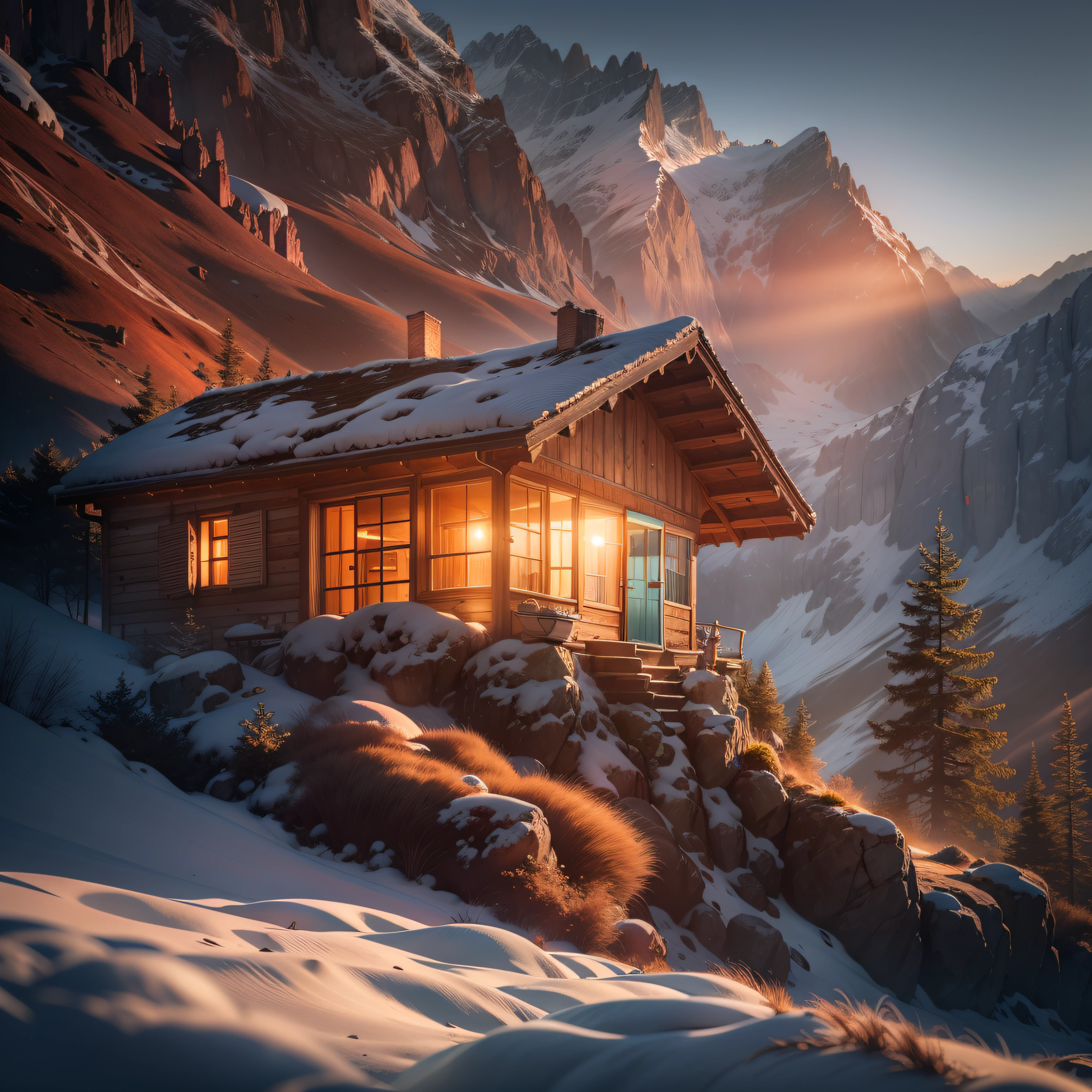 Mountain hut, warm light, fine details, high definition, realism, spectacular light, double exposure photography, landscape photography, nature photography