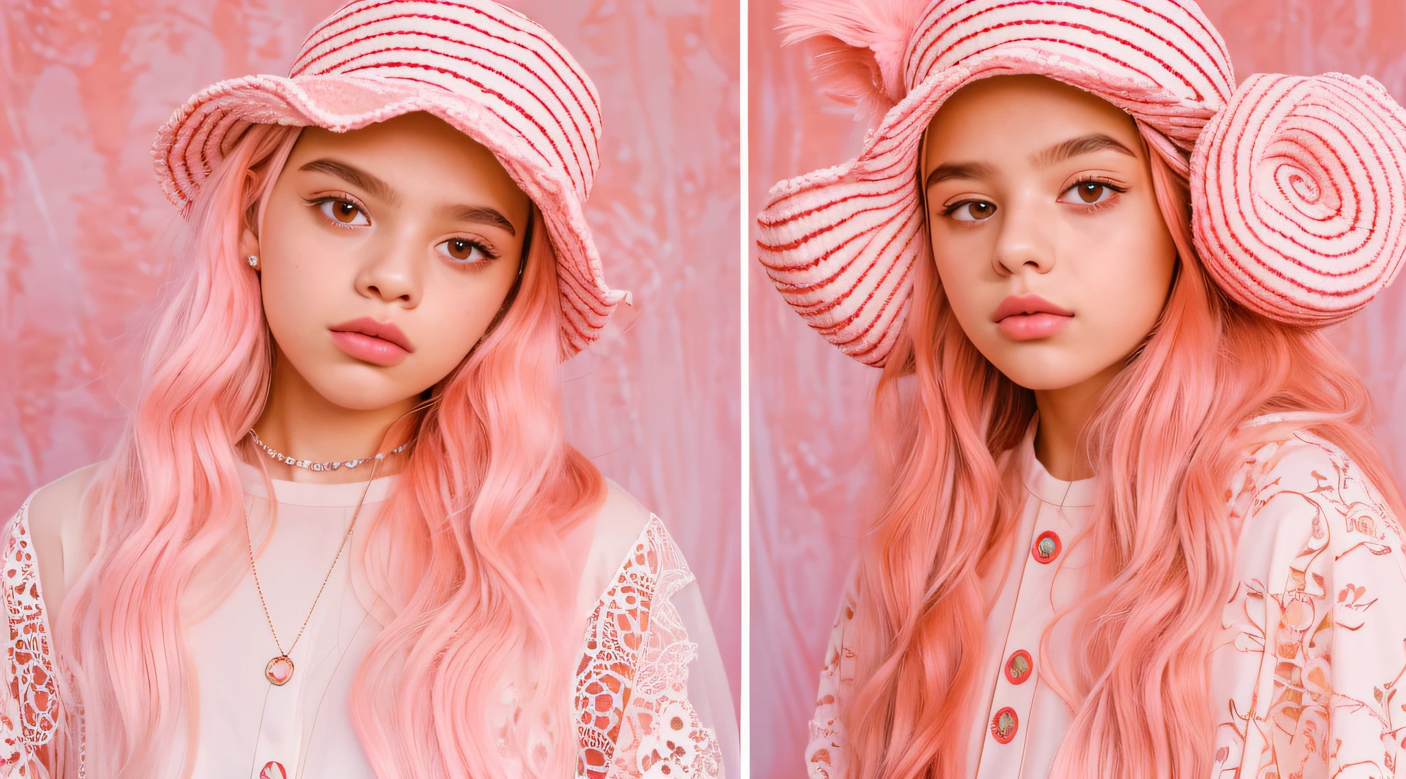 There are two girls KIDS BLONDIES BRAIDS , dressed in costumes and hats, photo booth, modelagem para dulce e gabanna, Retrato de uma gangue cor-de-rosa, cores rosa e vermelho, cor-de-rosa, Directed by: Alexis Grimou, estilo de cor rosa e vermelho, Poder Rosa, meninans, Pelo cor-de-rosa, roupas cor-de-rosa, tigres cor-de-rosa, garotada, by Amelia Peláez, No estilo de Petra Collins