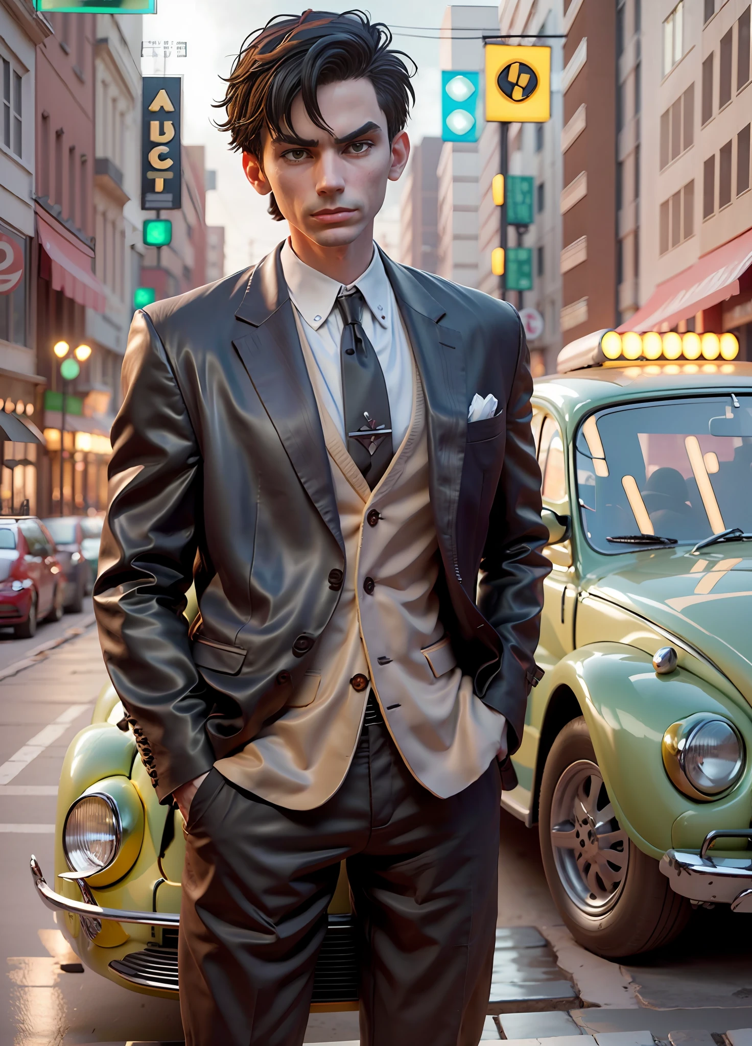 Character, Henry ford, A skinny young man in a suit, Background of Volkswagen Beetle, brunette color hair, Short hair, Lighting details, Anime style with defining strokes, Dark background with green light, 8K, hyper HD, severe low lighting, High quality, Sharp focus, Fujifilm XT3