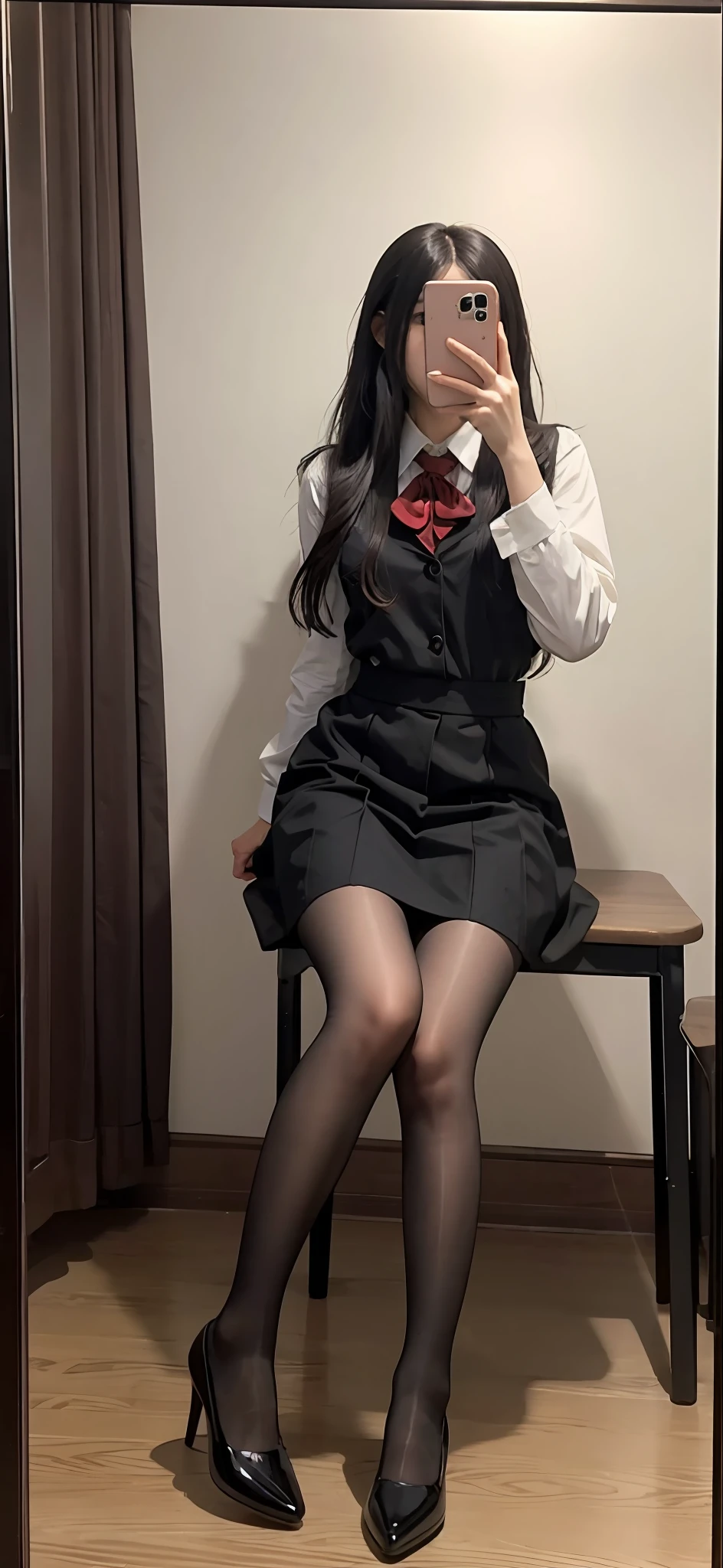 there is a woman that is taking a selfie in a mirror, Ultra-high pixel,8K分辨率,Real images,JK school uniform, girl in uniform, wearing rr diner uniform, Coveralls, Kantai collection style, wearing black uniform, Maid outfit, sakimichan, girls frontline style, Girls' uniform, japanese girl school uniform, year 2447, Japanese school uniform, wearing shirt, Outfit: puff, e - girl