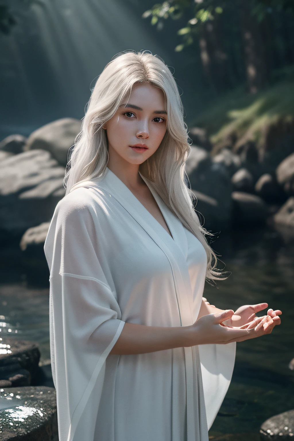 (8k, RAW photo, best quality, masterpiece:1.2), (realistic, photo-realistic:1.37), ultra-detailed, (high detailed skin:1.2), 8k uhd, dslr, soft lighting, high quality, film grain, Fujifilm XT3, professional lighting, photon mapping, radiosity, white robes moving in the wind, long white hair, fully clothed, perfect face, handsome, concept art, detailed face and body, award-winning photography, detailed face, backlight, ultrarealistic, ray tracing, intense gaze, looking at viewer, cinematic lighting, embers, fantasy, action pose, water splash, mist , RAW photo, 8k uhd, film grain,