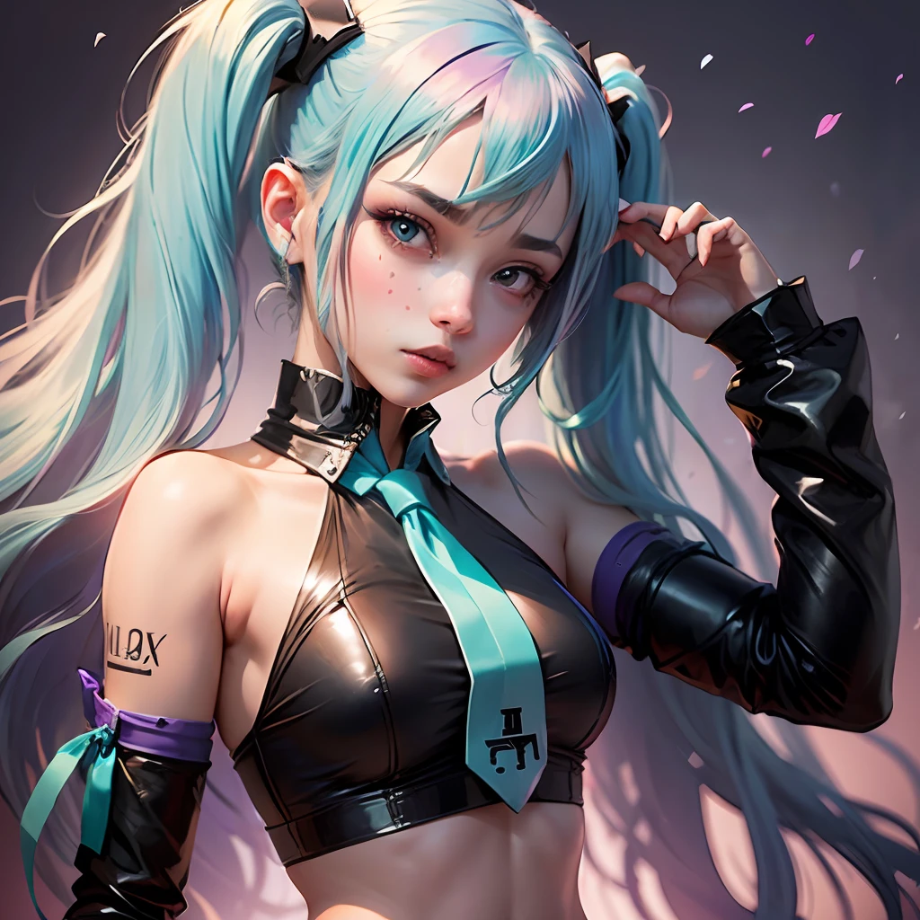 Hot girls in skirt top,with seductive face with purplish hair and blue background of gradient miku hatsune --auto --s2