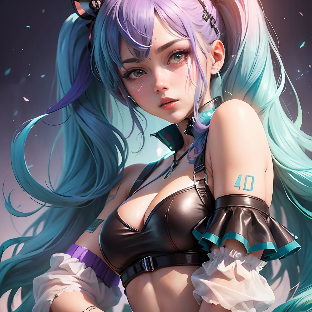Hot girls in skirt top,with seductive face with purplish hair and blue background of gradient miku hatsune --auto --s2