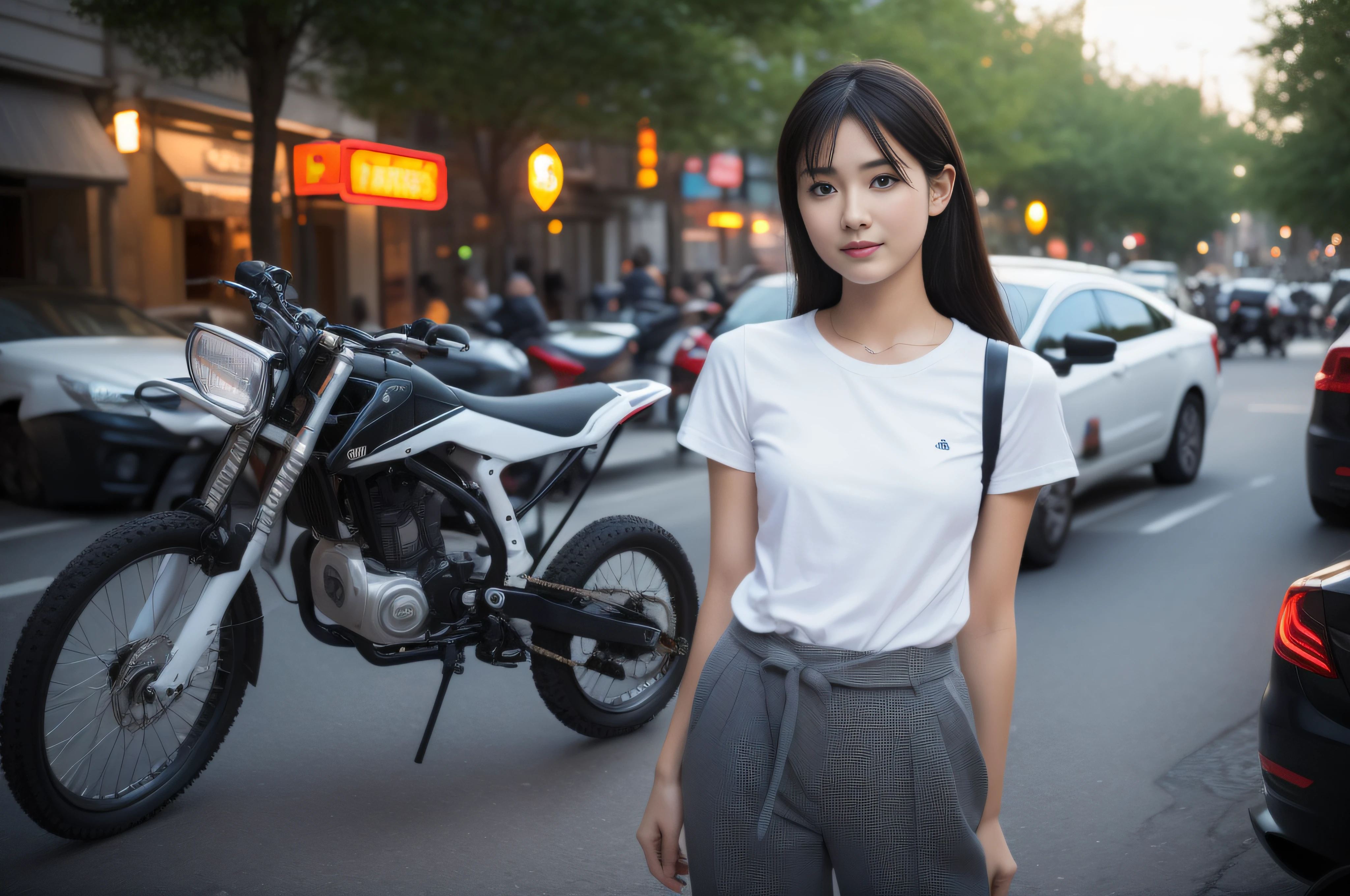 1 cute girl,20yr old, Extremely detailed eye clarity ，Detailed skins，Realistic skin texture，Real skin texture，Highly Detailed Face and Skin Textur，D cup，broad shoulder，Small round buttocks，Small head, Slender thighs, Take Spanath in the left hand, 5 fingers, Long black hair tied to a ponytail, (Wearing orange suspender trousers, White short-sleeved T-shirt), Bike workshop background，真实感：1.3，ambient lights：1，Ultra photo realsisim， Photo realism，Real human photos，High-quality photos, Hyperrealistic, cinmatic lighting，Kodak Visual Color，Add noise:0.2, A half body:0.8, dynamicposes：0.7，（crowd of：1.2），