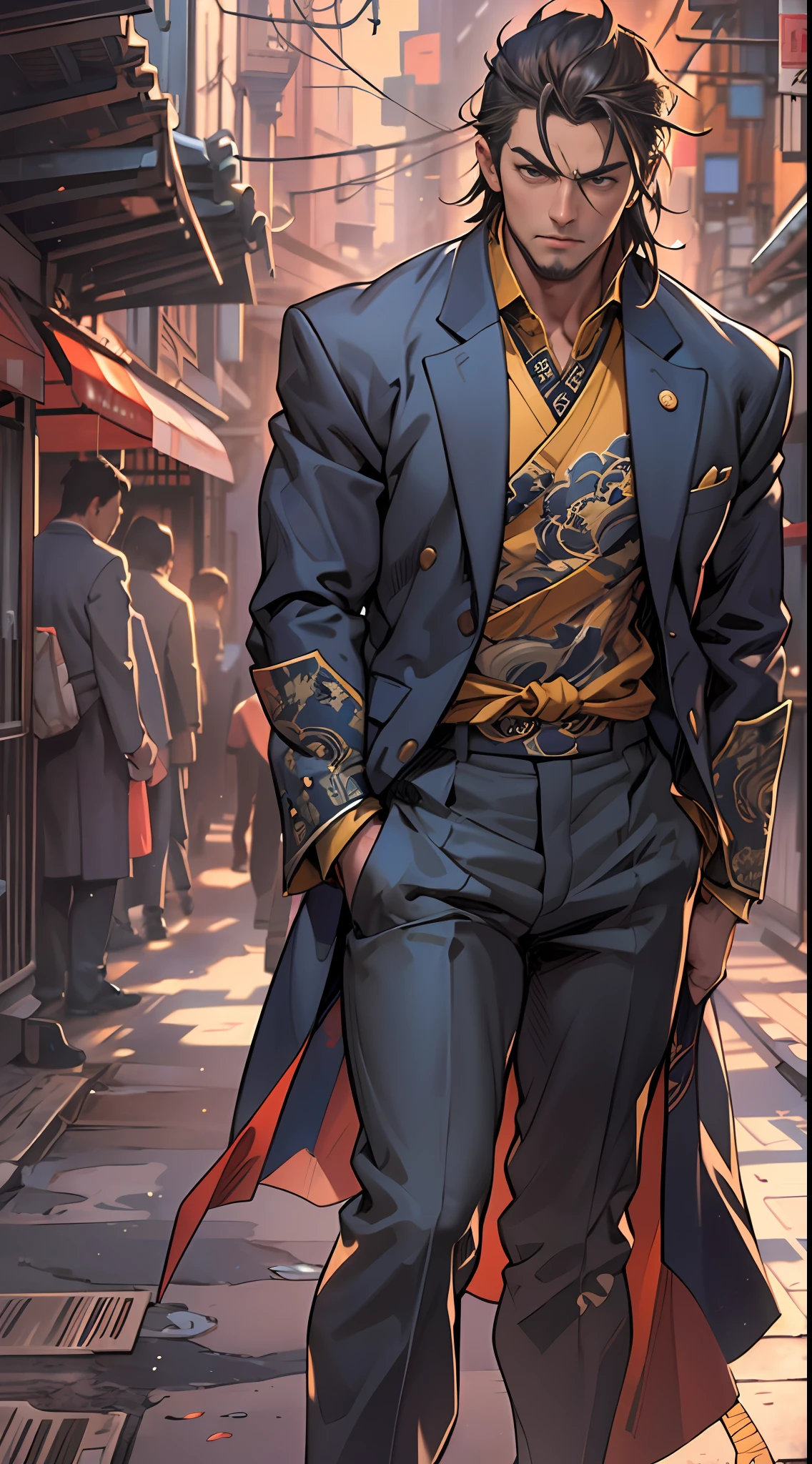 a man in a suit is standing by an alleyway in a city, in the style of masamune shirow, kathrin longhurst, lively action poses, confucian ideology, strong facial expression, navy and amber, zone focusing, 32k, best quality, masterpiece, super detail, high details