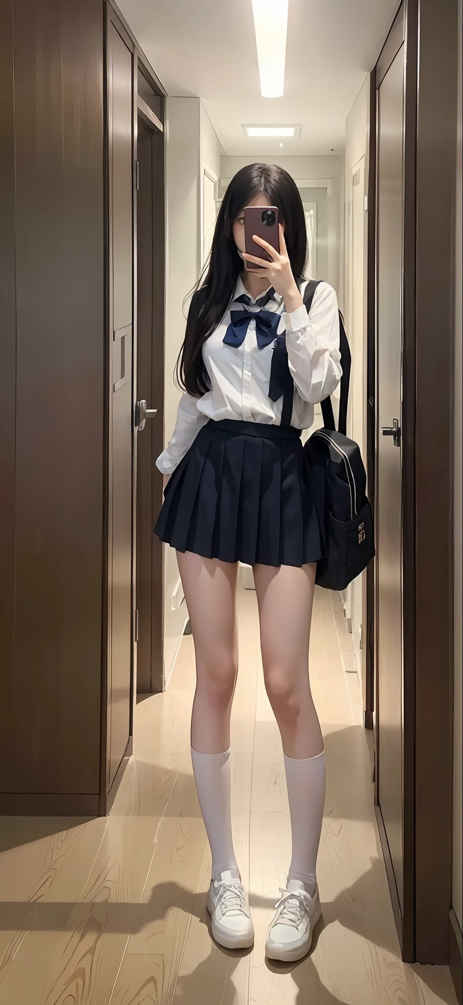 there is a woman that is taking a selfie in a mirror, Hyper-realistic imagery，8K分辨率，High detail HD，Anime girl cosplay, Surrealism female students, 19-year-old girl, pretty face with arms and legs, JK school uniform, Surrealism female students, Anime girl in real life, cute female student, wearing skirt and high socks, dressed as schoolgirl, trending at cgstation, 18 years old