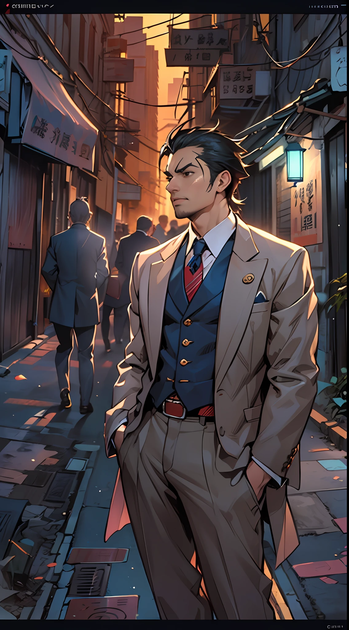 a man in a suit is standing by an alleyway in a city, in the style of masamune shirow, kathrin longhurst, lively action poses, confucian ideology, strong facial expression, navy and amber, zone focusing, 32k, best quality, masterpiece, super detail, high details