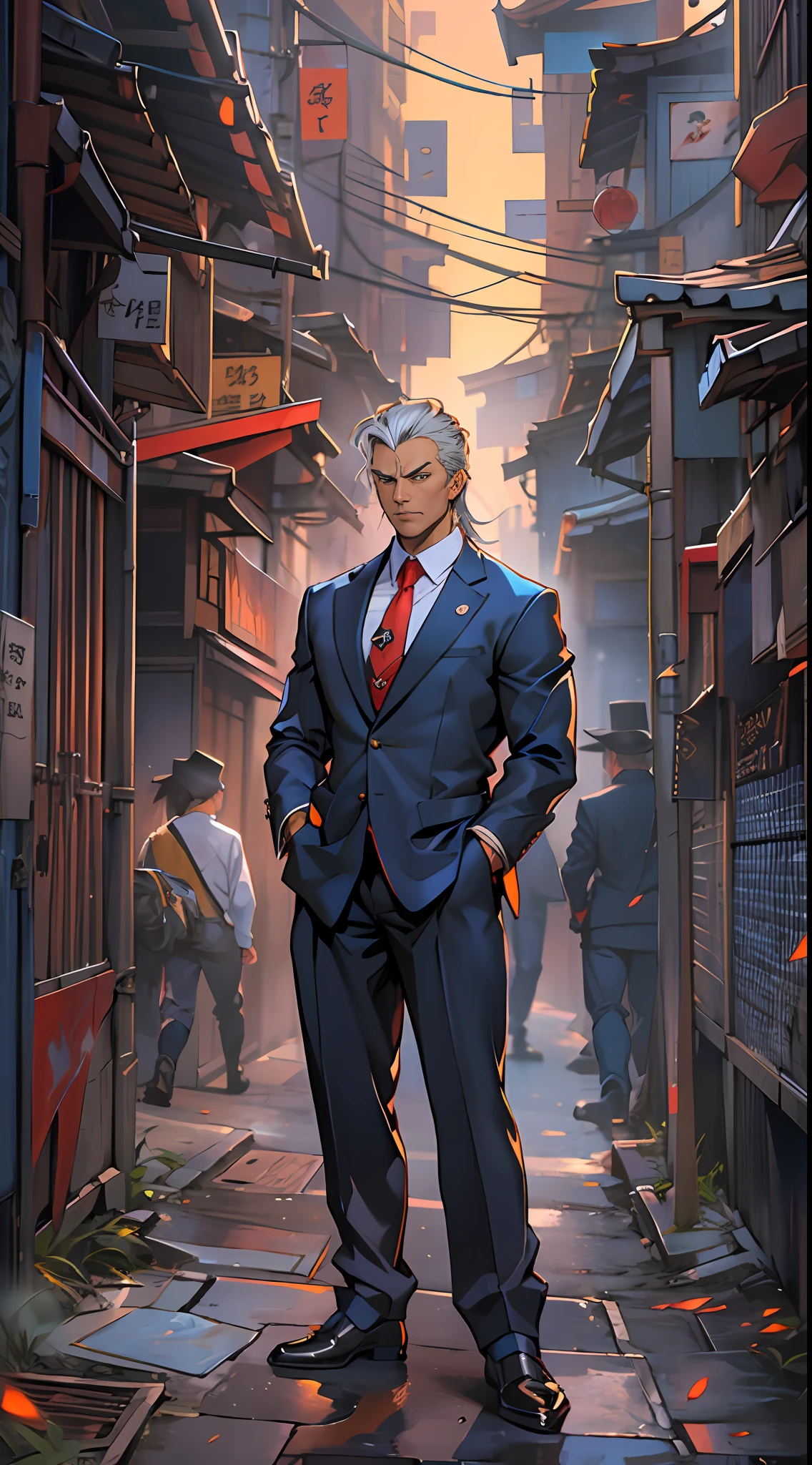 a man in a suit is standing by an alleyway in a city, in the style of masamune shirow, kathrin longhurst, lively action poses, confucian ideology, strong facial expression, navy and amber, zone focusing, 32k, best quality, masterpiece, super detail, high details