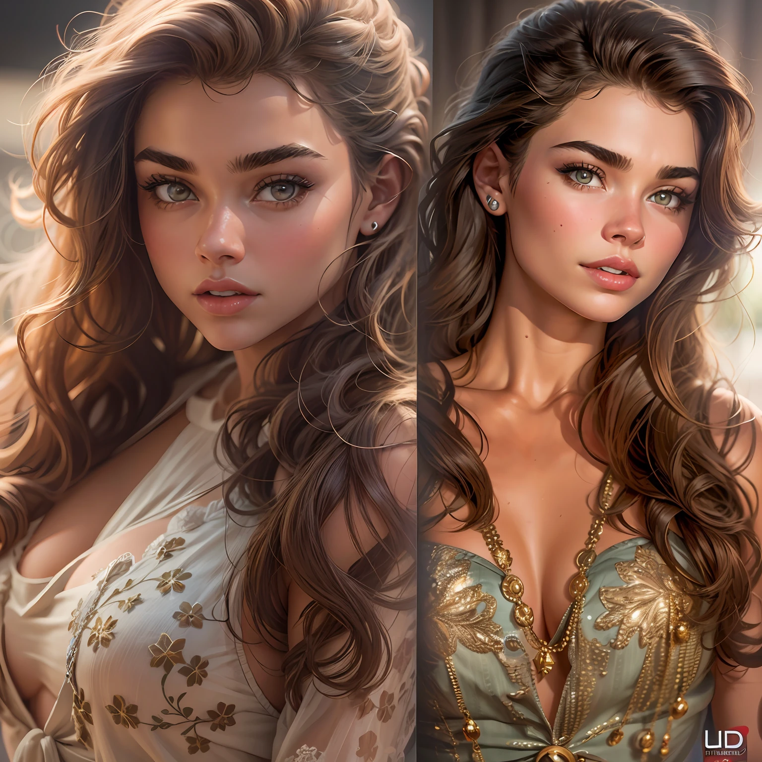 19 year old girl ("Sarah Hyland", "Brooke Shields"), voluptuous body, looking at camera, Hyperrealism, UHD, best quality, highres, high details, 8k, sharpen focus