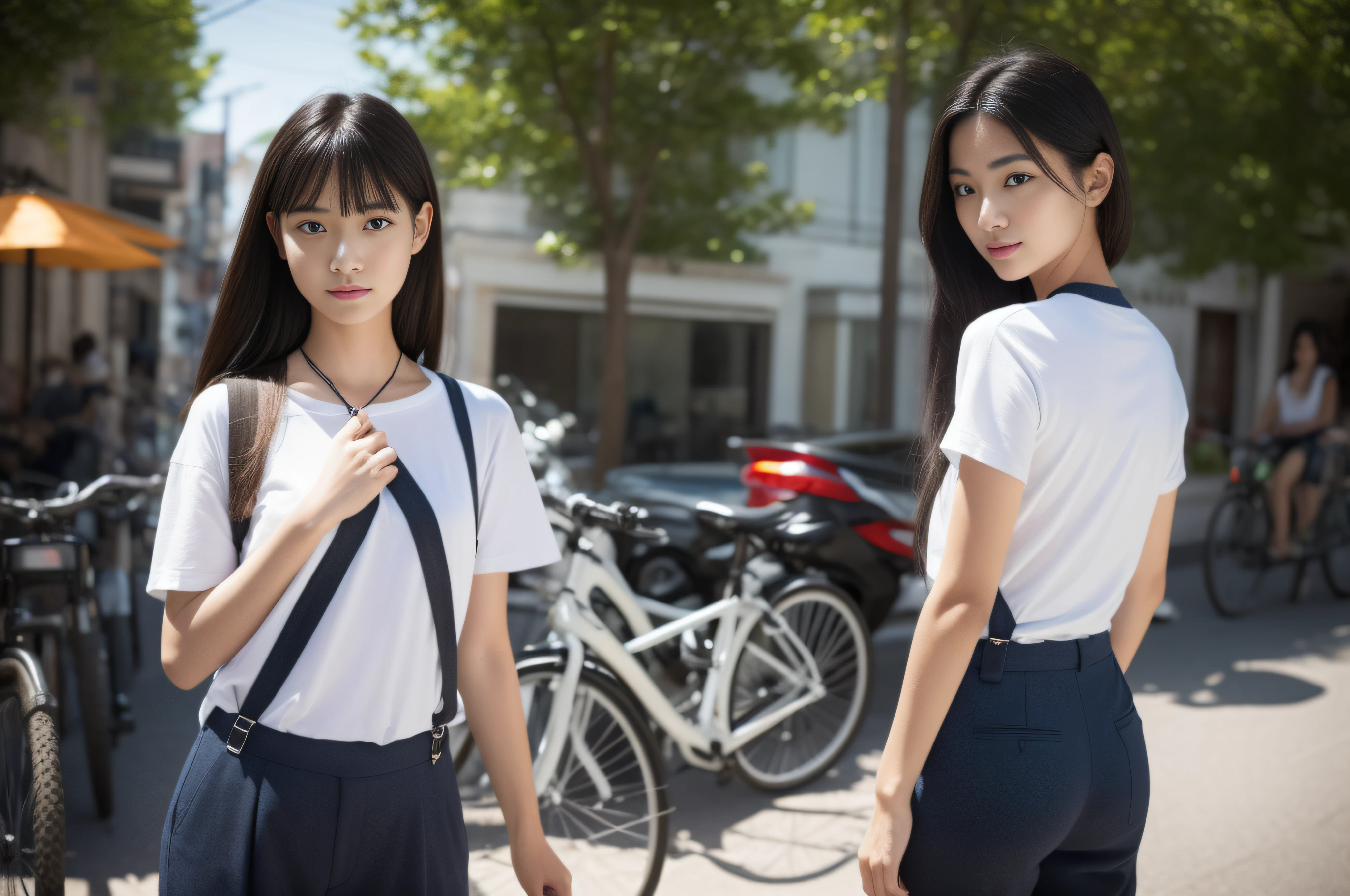 1 cute girl,20yr old, Extremely detailed eye clarity ,Detailed skins,Realistic skin texture,Real skin texture,Highly Detailed Face and Skin Textur,D cup,broad shoulder,Small round buttocks,Small head, Slender thighs, Take Spanath in the left hand, 5 fingers, Long black hair tied to a ponytail, (Wearing orange suspender trousers, White short-sleeved T-shirt), Bike workshop background,真实感:1.3,ambient lights:1,Ultra photo realsisim, Photo realism,Real human photos,High-quality photos, Hyperrealistic, cinmatic lighting,Kodak Visual Color,Add noise:0.2, A half body:0.8, dynamicposes:0.7,(crowd of:1.2),
