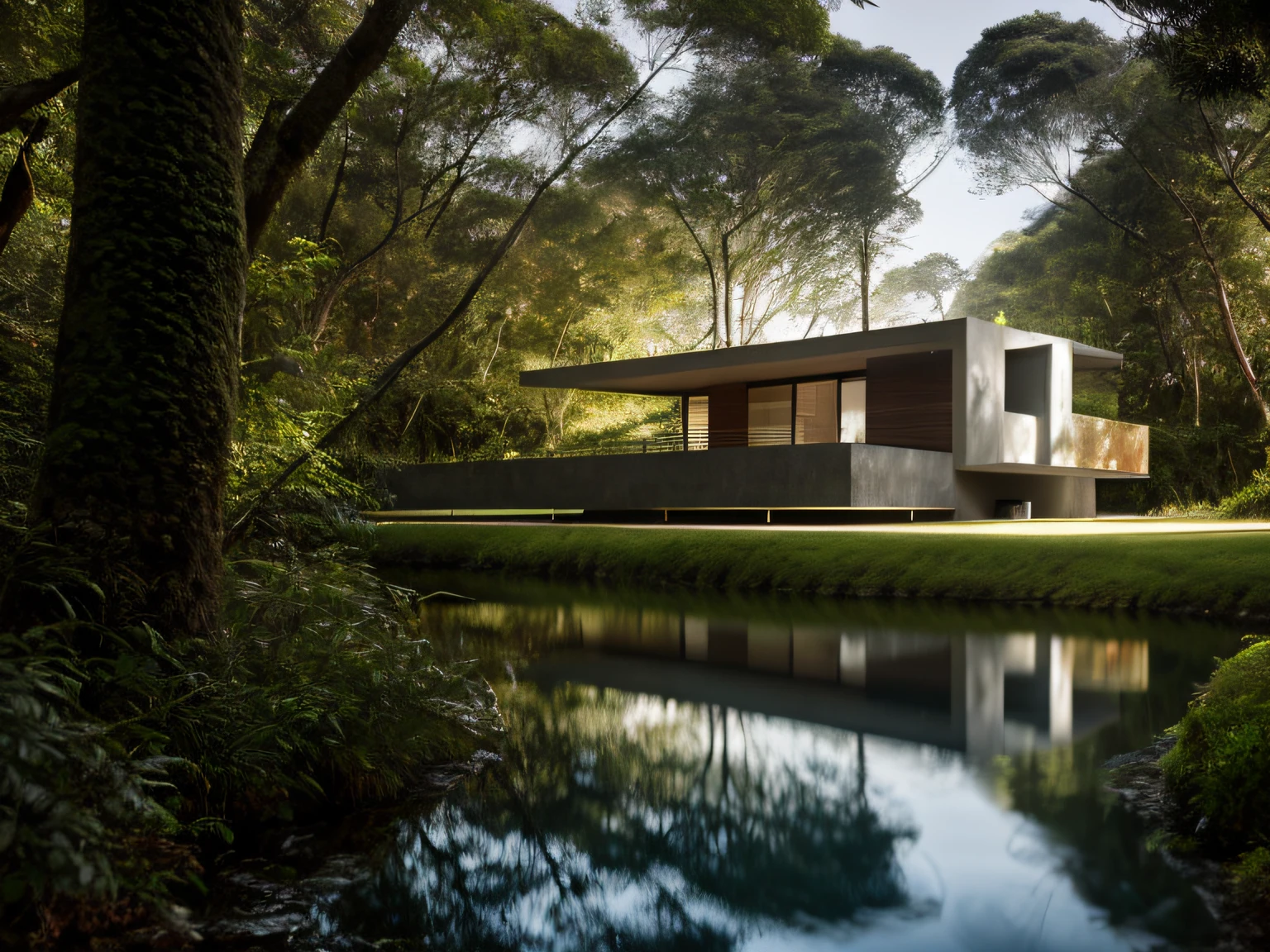 Forest landscape full of plane trees, Arquitetura moderna, Arquitetura futurista, Arquitetura Deslumbrante, Modern house not center, casa inspirada em tadao ando, ambiente quente, glow at night, ........RAW, HDR, (Casa pequena de concreto, Madeira na fachada em ripado e vidro, arquitectura na floresta, reflexions, ray tracing:1.3), cinemactic, Brown slate, luz dramatica, arquitetura, vibrant greenery outside, jardim exuberante no fundo, renderizado, muito detalhe, 8k, hiper-realismo, Joao Salvador, fotografia .......RAW de uma paisagem, pequenos detalhes, fotorrealista, Fotografia Ultrarrealista, 8k UHD, DSLR, soft-lighting, alta qualidade, grain of film, Fujifilm XT3, (obra-prima)