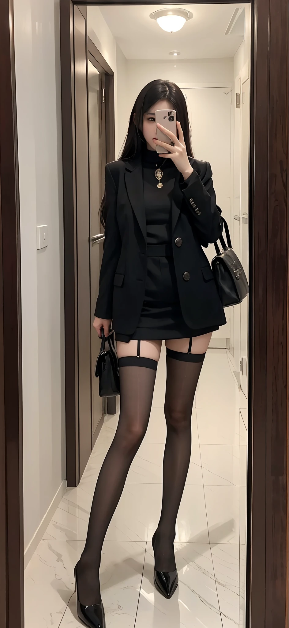 there is a woman that is taking a selfie in a mirror, 8K分辨率。Real images,high qulity,short skirt and a long jacket, girl in a suit, Girl in suit, Lady with black coat and suspender stockings, suit, wearing a black noble suit, dressed with long fluent clothes, full body cute young lady, Elegant suit, well - dressed, high fashion classy, Tall and slender, slender girl, woman model