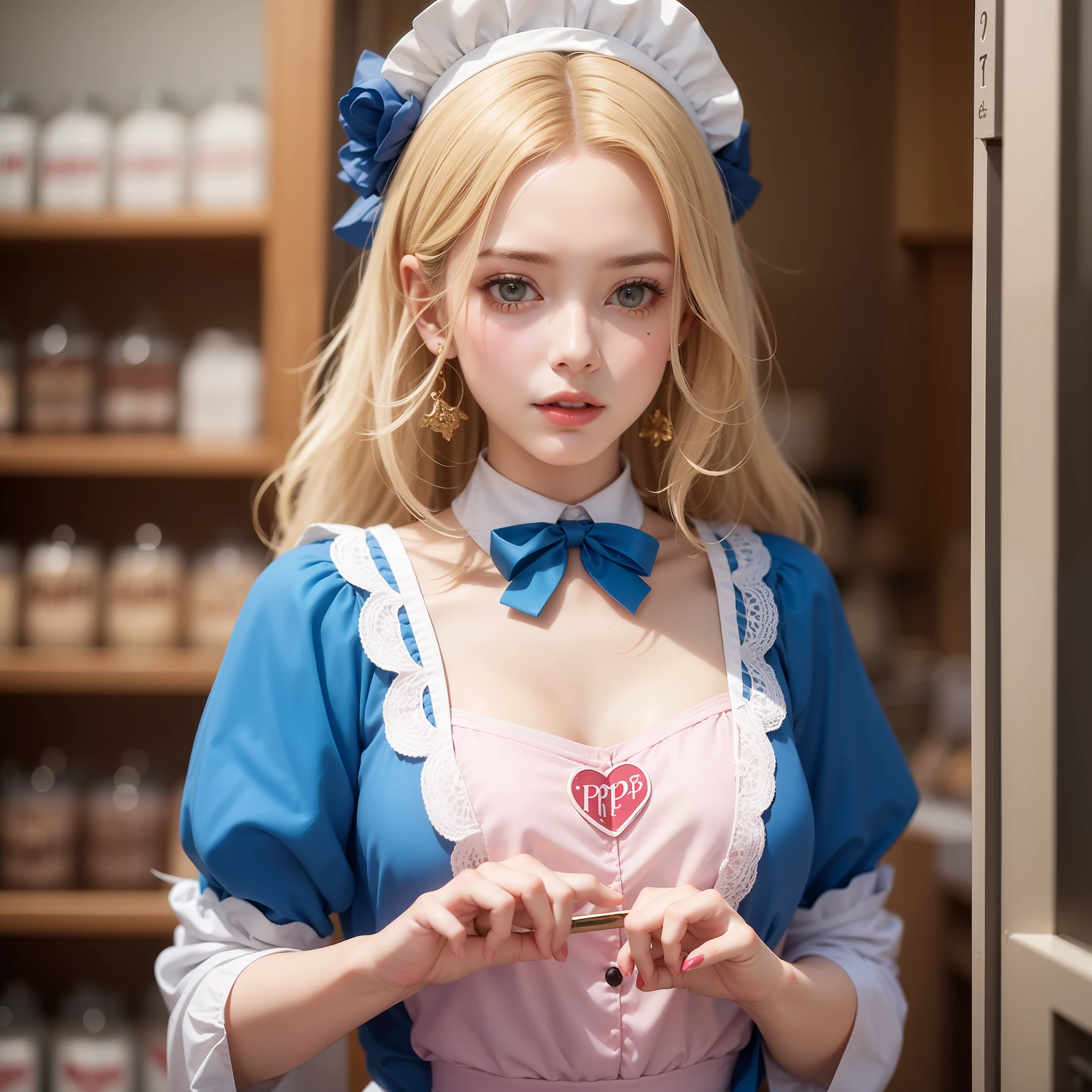 Blonde woman wearing a confectioner's outfit with the writing P&P Sweets on her chest, outfit in blue and pink