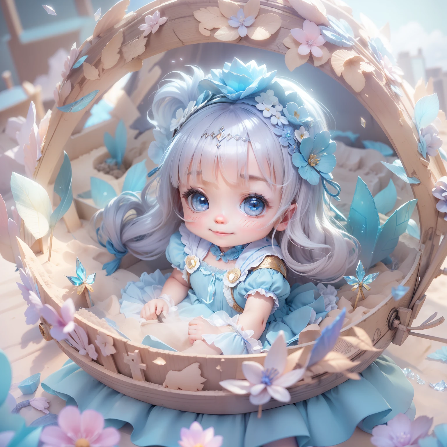 (sandbox:1.4),in a panoramic view，Solo, full body，tchibi，Cute little girl, ,in a blue dress，panoramic view，Delicate headgear，ssmile，Rococo style，Material de vidro，Crystal material，extremely detaile, Cinematic lighting effects，4K，tmasterpiece，offcial art