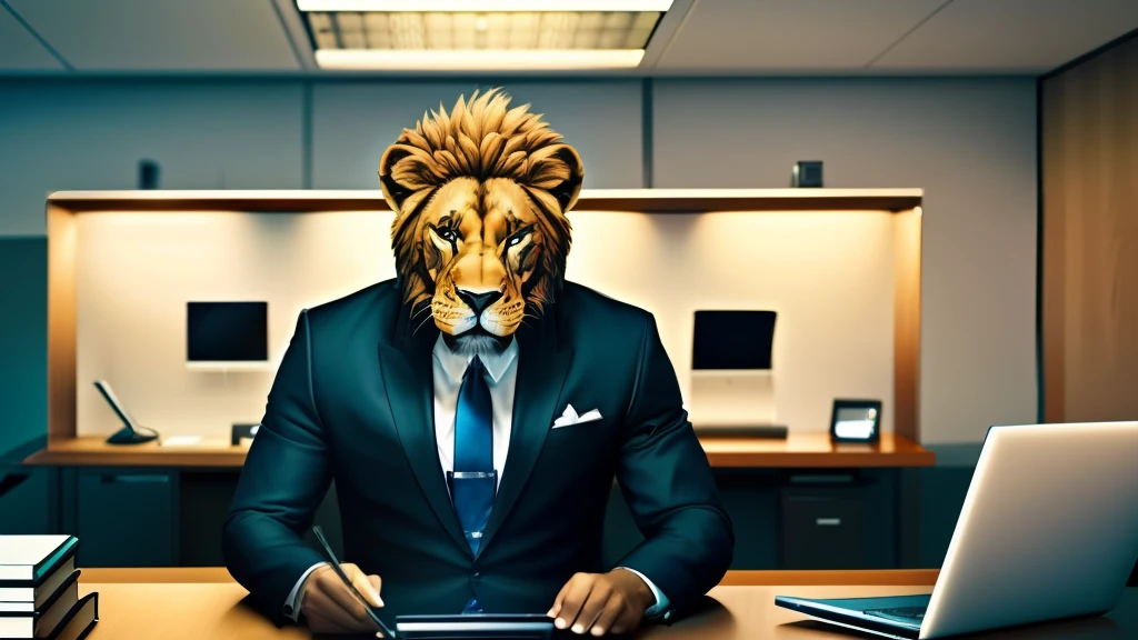 A lion wearing a sharp suit and tie, sitting in an office in front of a laptop, very focused on his work. The scene is lit like an office, with fluorescent lights. The lion's fur and suit details are photorealistic.
