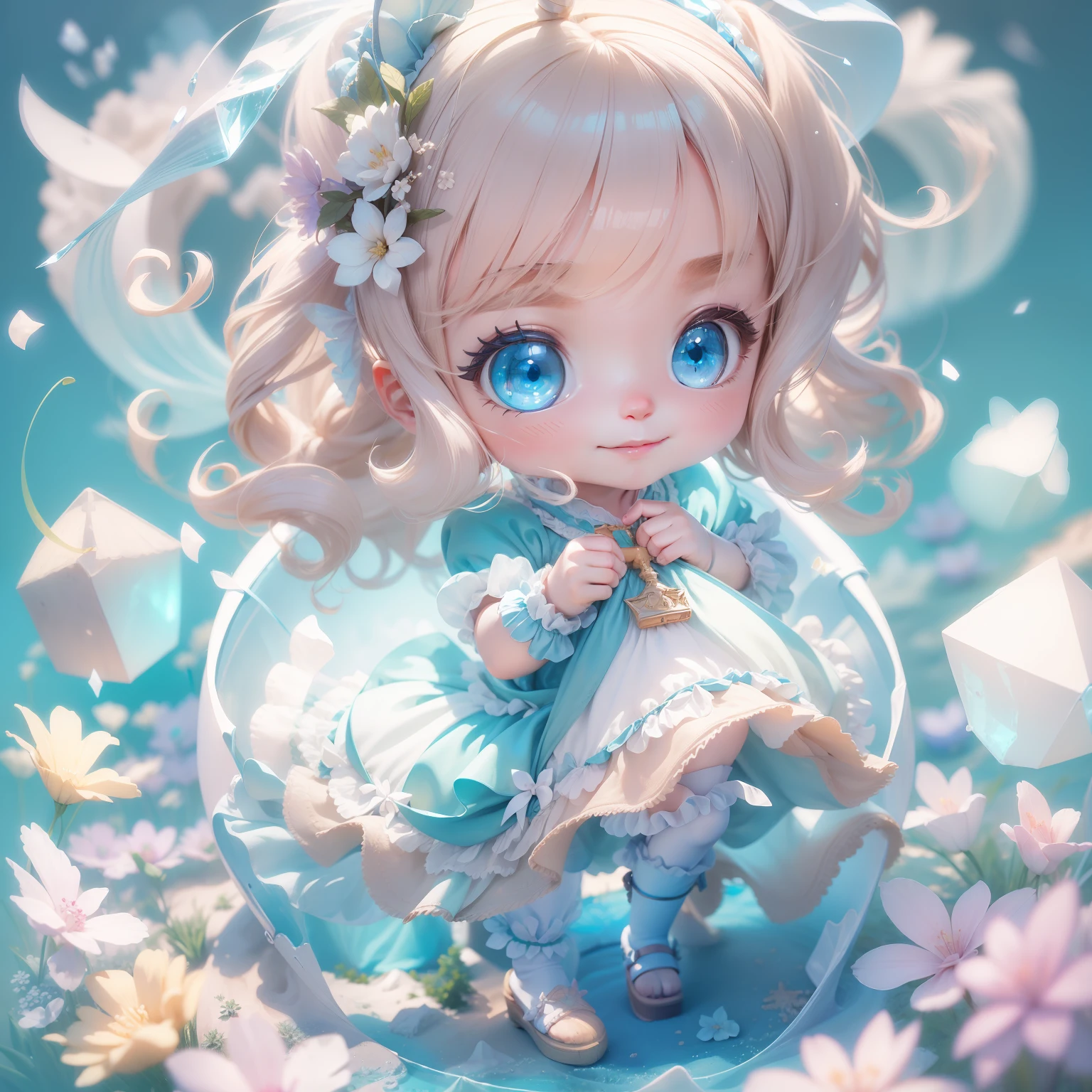 (sandbox:1.4),in a panoramic view,Solo, full body,tchibi,Cute little girl, ,in a blue dress,panoramic view,Delicate headgear,ssmile,Rococo style,Material de vidro,Crystal material,extremely detaile, Cinematic lighting effects,4K,tmasterpiece,offcial art