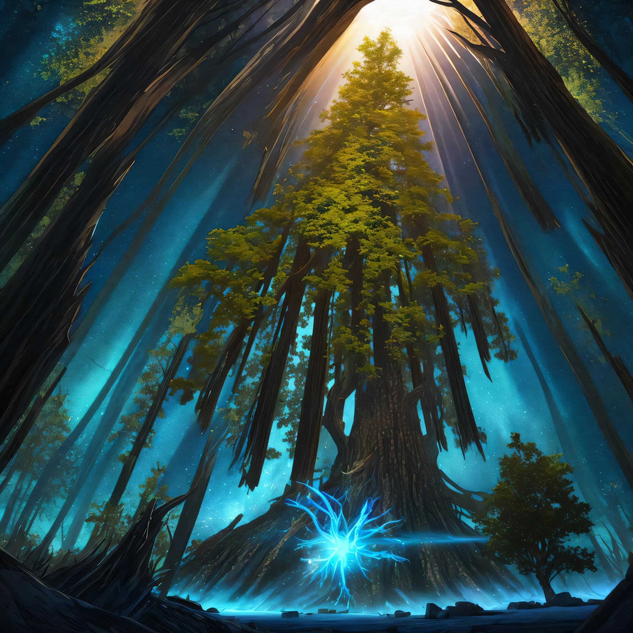 Masterpiece, best quality, desert, eclipse, lens_flare, glowing blue giant tree, world tree, magical, glowing multicolored leaves falling, world collapsing, multiverse, highly detailed and intricate art