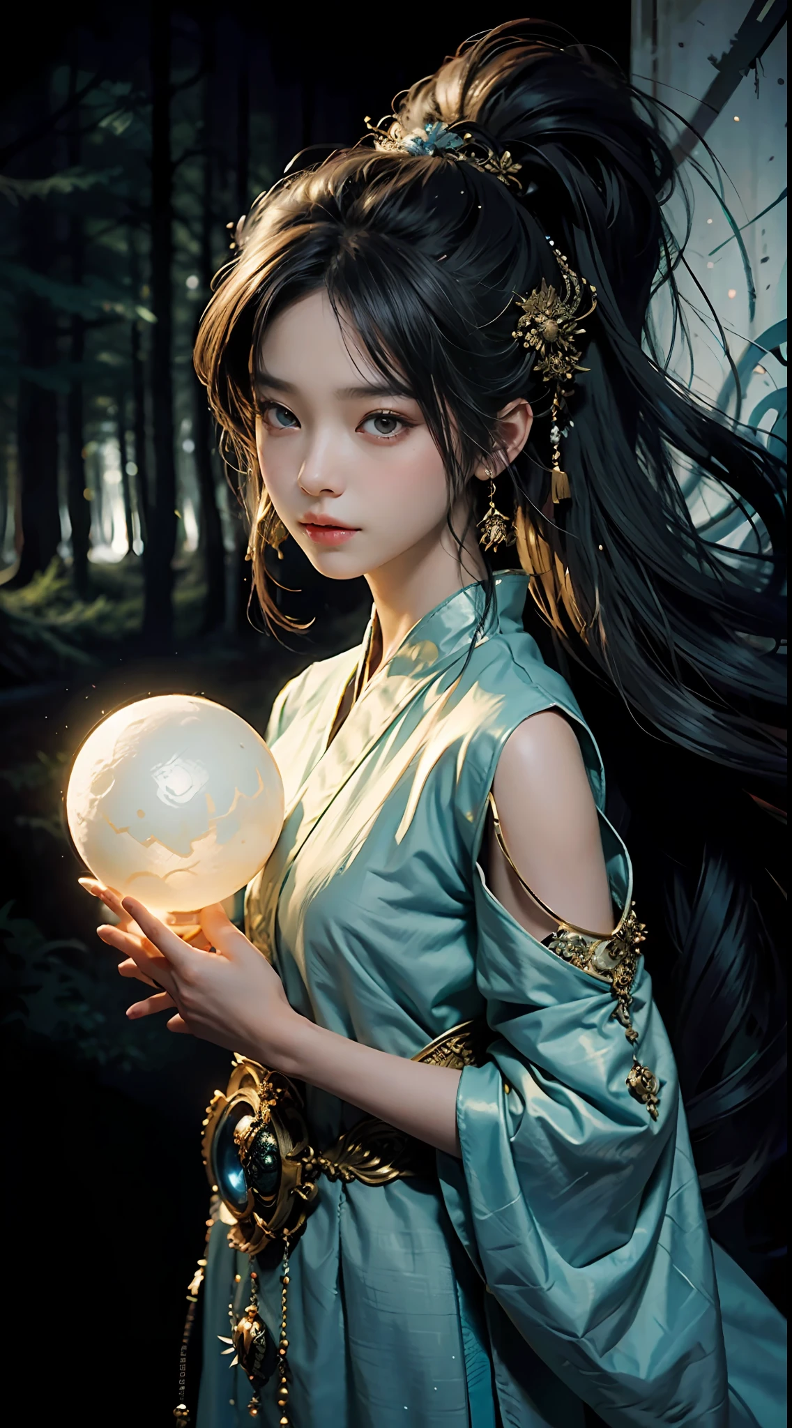In the style of anime, A mysterious young woman holds a glowing orb,Cast a soft glow, ethereal glow upon her flawless features. The setting is a silent, moonlit forest and her attire is an ornate fusion of traditional Asian culture and futuristic fantasy. Every detail of her face and costume is presented in extreme close-ups,The level of detail is extraordinary. artist: Alec Soth