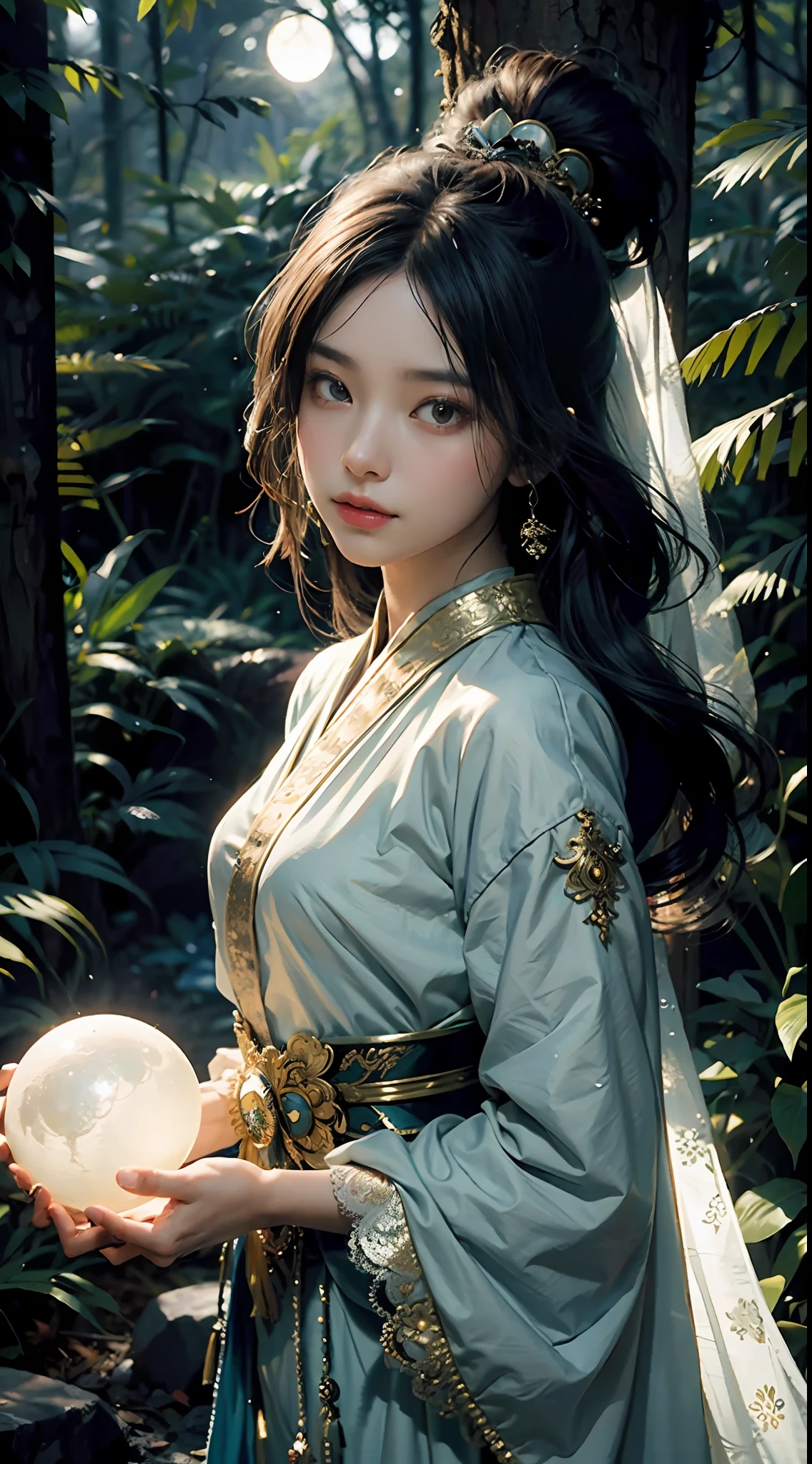 In the style of anime, A mysterious young woman holds a glowing orb，Cast a soft glow, ethereal glow upon her flawless features. The setting is a silent, moonlit forest and her attire is an ornate fusion of traditional Asian culture and futuristic fantasy. Every detail of her face and costume is presented in extreme close-ups，The level of detail is extraordinary. artist: Alec Soth