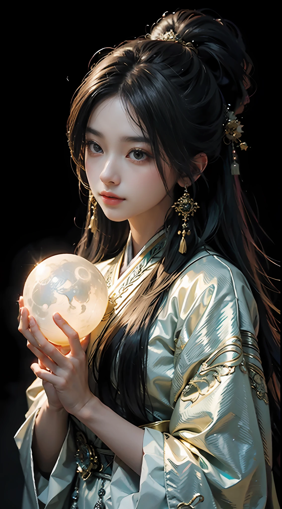 In the style of anime, A mysterious young woman holds a glowing orb，Cast a soft glow, ethereal glow upon her flawless features. The setting is a silent, moonlit forest and her attire is an ornate fusion of traditional Asian culture and futuristic fantasy. Every detail of her face and costume is presented in extreme close-ups，The level of detail is extraordinary. artist: Alec Soth