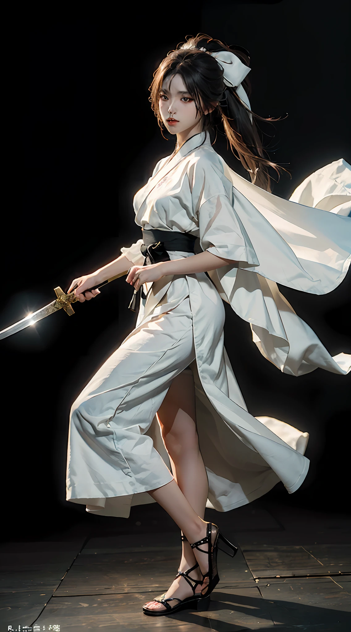 Close-up of a woman in a white dress holding a sword, portrait of Yang J, popularity of cgsociety, blindfolded with a black ribbon, fantasy art, beautiful figure painting, best quality, masterpiece, super high resolution, (realism: 1.4), original photo, portrait, (half: 1.4), ultra-wide angle, Guvez style artwork, Guwiz, white Hanfu, flowing white robe, full body martial arts, epic exquisite character art, stunning character art, beautiful woman