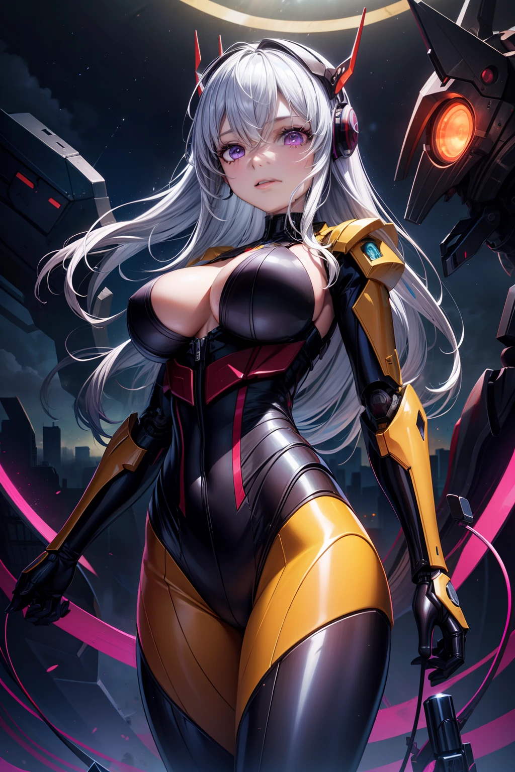 Masterpiece,Best quality,Ultra-detailed,very detailed illustration,Extremely detailed,Intricate details,A high resolution,super complex detail,extremely detailed 8k cg wallpape,Cowboy shot, Caustics,Reflection,Ray tracing,Demon Theme,Starcloud,Dark aura,cyber effect, (1girll:1.4),Solo,Alone,Mecha musume,mechanicalparts, robotjoints,single mechanical arm, Headgear, Mechanical Aura,Star halo,complex mechanical bodysuit, mecha corset, komono, Full armor, Very long hair, deep purple hair, hair between eye, multicolored hair, Colored inner hair, Purple eyes,glowing light eyes,eye trail, Random expressions,random action, Ancient Japanese architecture,pond, Starry sky,skylines