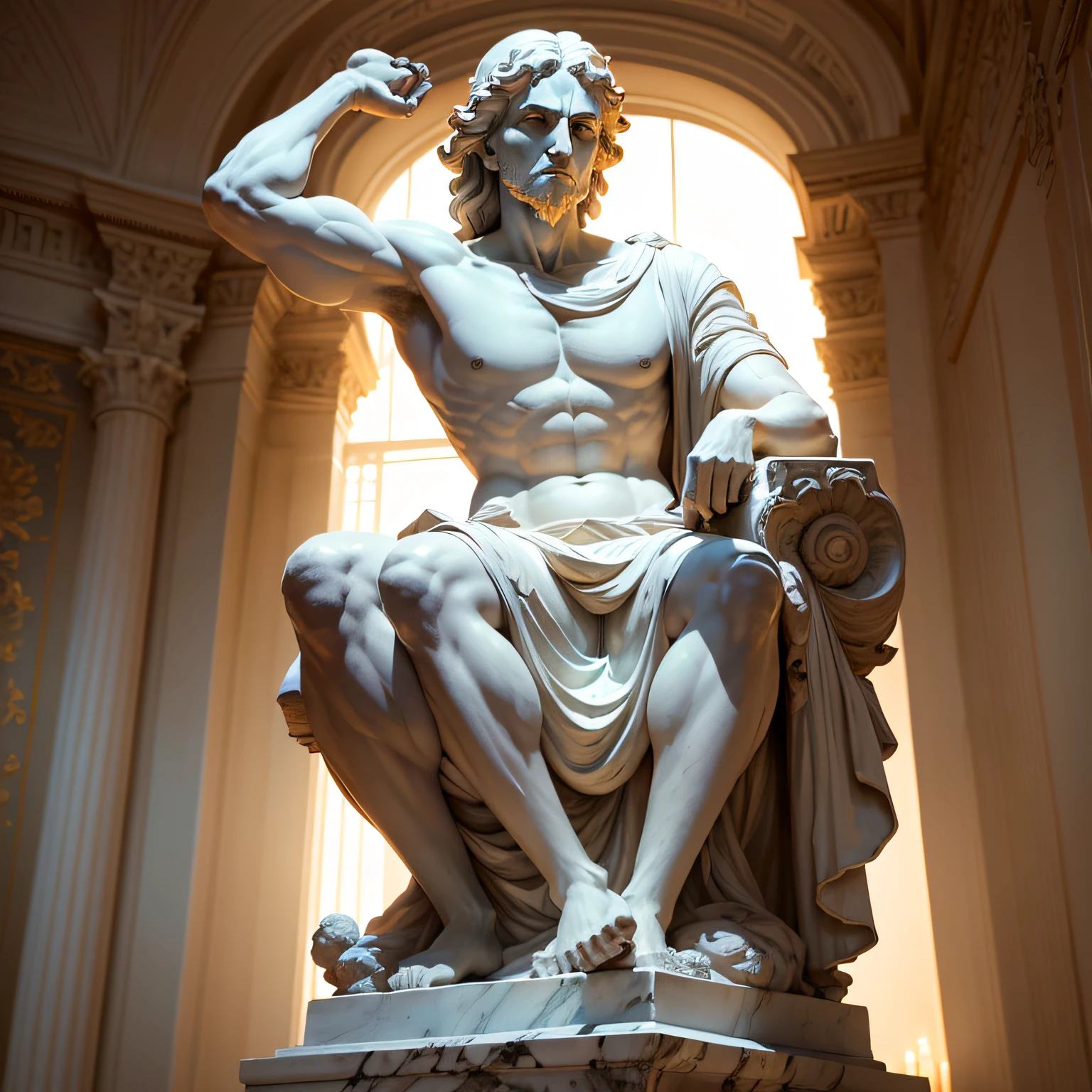 Create a high-resolution representation of an imposing Greek statue in white marble, portraying a classical philosopher with an ultra-realistic and highly detailed face. The philosopher's face must exhibit an expression of disgust, with furrowed brows and lips slightly curved downwards, suggesting discontent or revulsion towards something. The pose of the statue should depict the philosopher moving away from something, as if you were avoiding or protecting yourself from something toxic. The philosopher's garments must be classical and elegant, adding a touch of wisdom and erudition to your figure.
Lighting should be fluorescent, emanating from a mysterious fountain near the statue, creating striking shadows that highlight the details carved into the marble. The setting should be set in a classical-inspired environment, com elementos de arquitetura grega, suggesting the ambience of the classic past. A cidade pode ser Atenas.
The resolution of the image should be at an incredible 8k, allowing a thorough view of all the details of the statue, while HDR post-processing enhances the textures of white marble, criando um contraste impressionante entre luz e sombra.
Present the statue at a unique and captivating viewing angle, allowing viewers to appreciate the grandeur of the philosophical figure and immerse themselves in the emotions conveyed by the character's realistic and powerful facial expression. The aspect ratio of the image should follow the format 3:2, offering an aesthetic and professional balance.