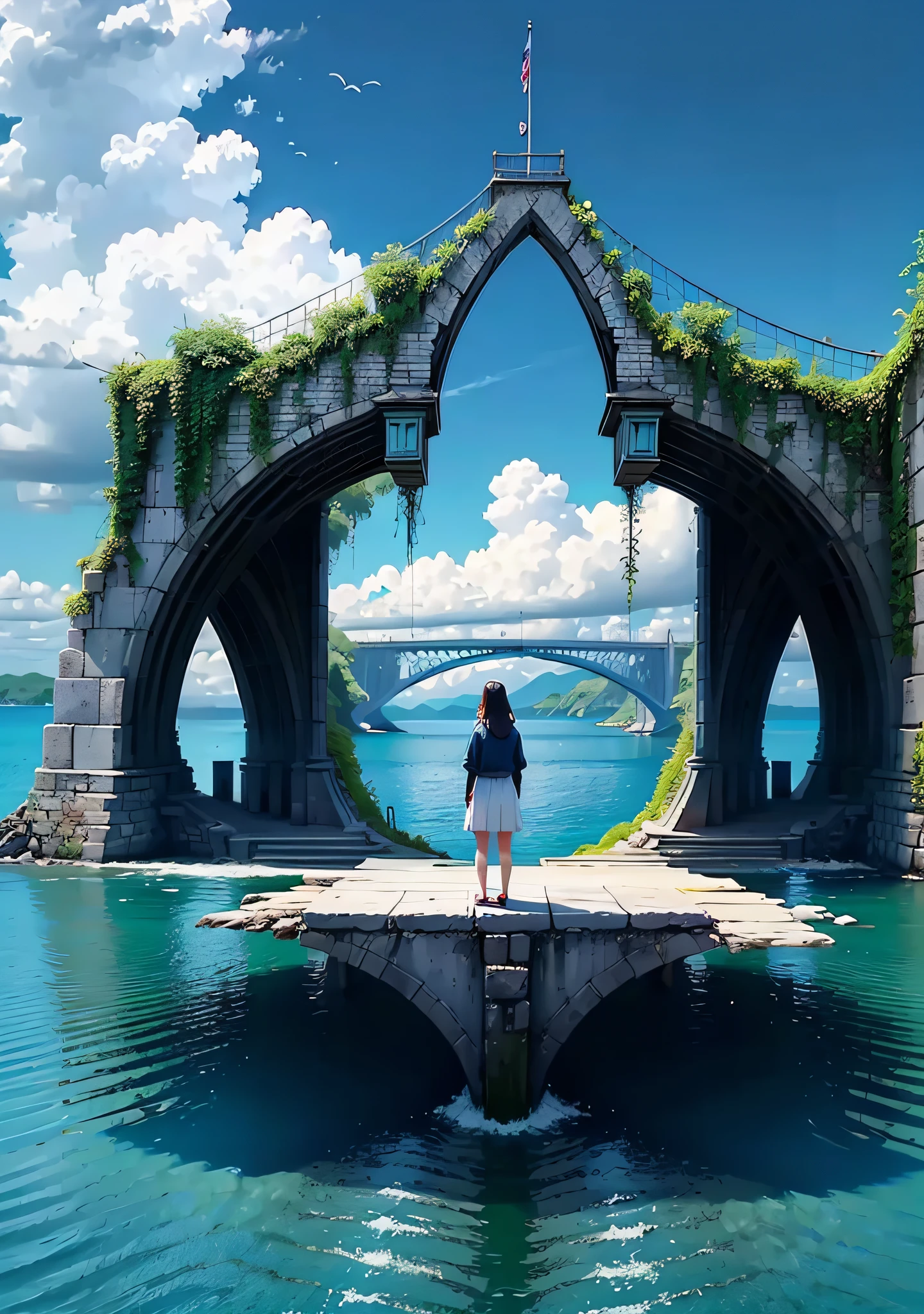 A bridge connecting two small islands，crowd of，I stood with the girl and looked at each other from a distance，Blue sky，