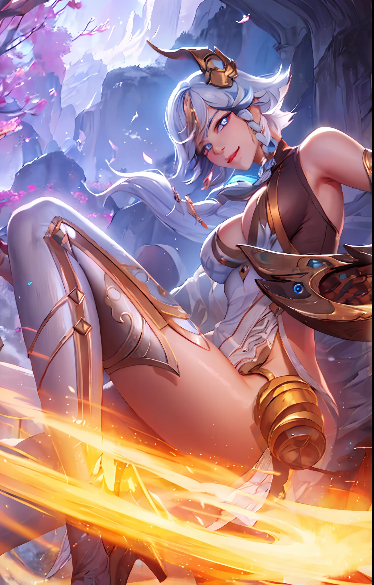 (((detailed face))) ,Masterpiece, close-up of a woman with white hair and white mask, beautiful figure painting, Guviz, Guviz style artwork, white-haired god, Yang J, epic exquisite character art, amazing character art, Fan Qi, Wu Zhun Shifan, Gu Vitz in pixiv art station, ancient style, mountains and rivers, (blue eyes:1.8), ((big breasts)), ((smirked))