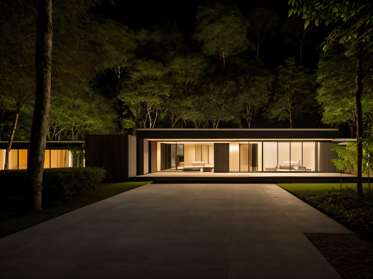 Forest landscape full of plane trees, Arquitetura moderna, Arquitetura futurista, Arquitetura Deslumbrante, Modern house not center, casa inspirada em tadao ando, ambiente quente, glow at night, ........RAW, HDR, (Casa pequena de concreto, Bloco de Madeira saliente na fachada em ripado e vidro, arquitectura na floresta, reflexions, ray tracing:1.3), cinemactic, Brown slate, luz dramatica, arquitetura, vibrant greenery outside, jardim exuberante no fundo, renderizado, muito detalhe, 8k, hiper-realismo, Joao Salvador, fotografia .......RAW de uma paisagem, pequenos detalhes, fotorrealista, Fotografia Ultrarrealista, 8k UHD, DSLR, soft-lighting, alta qualidade, grain of film, Fujifilm XT3, (obra-prima)