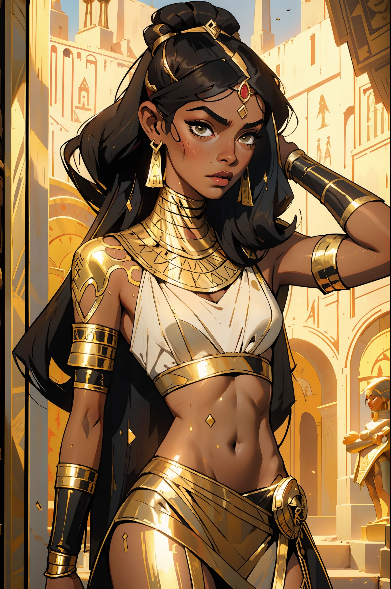 ((oaka_studio)), Bela mulher negra encorpada, 30 anos, Egyptian woman, Egyptian adornments, corpo musculoso e perfeito, ((costas)), head covered with an Egyptian headdress, Dark skin shiny with oil and sweat, guerreira Esfinge com pouca roupa, Tiny old-bodied thong, metallic snake-shaped bra covering only a small part of the large breasts, Egyptian tattoo, arms covered by Egyptian adornments, seios grandes cobertos por faixas de tecido, decote generoso, holding a blood-stained spear, rosto corajoso, reino escuro, pose sexy, andando em um deserto, pyramids in the background
Waiting to get started