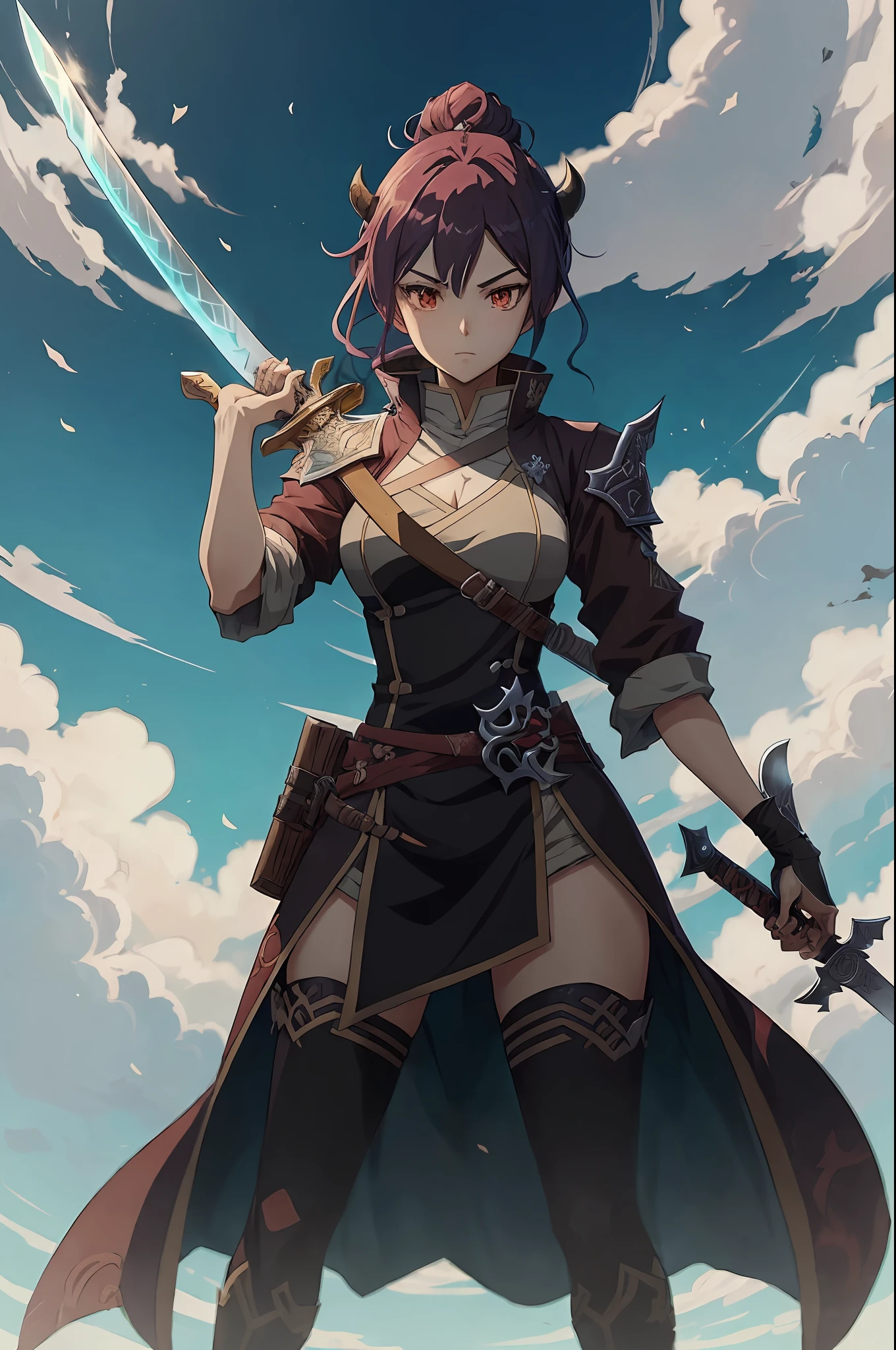 anime - style image of a woman holding a sword in front of a sky, handsome guy in demon slayer art, by Yang J, with large sword, demon slayer artstyle, badass anime 8 k, epic fantasy digital art style, keqing from genshin impact, 2. 5 d cgi anime fantasy artwork, demon slayer rui fanart, detailed digital anime art --auto